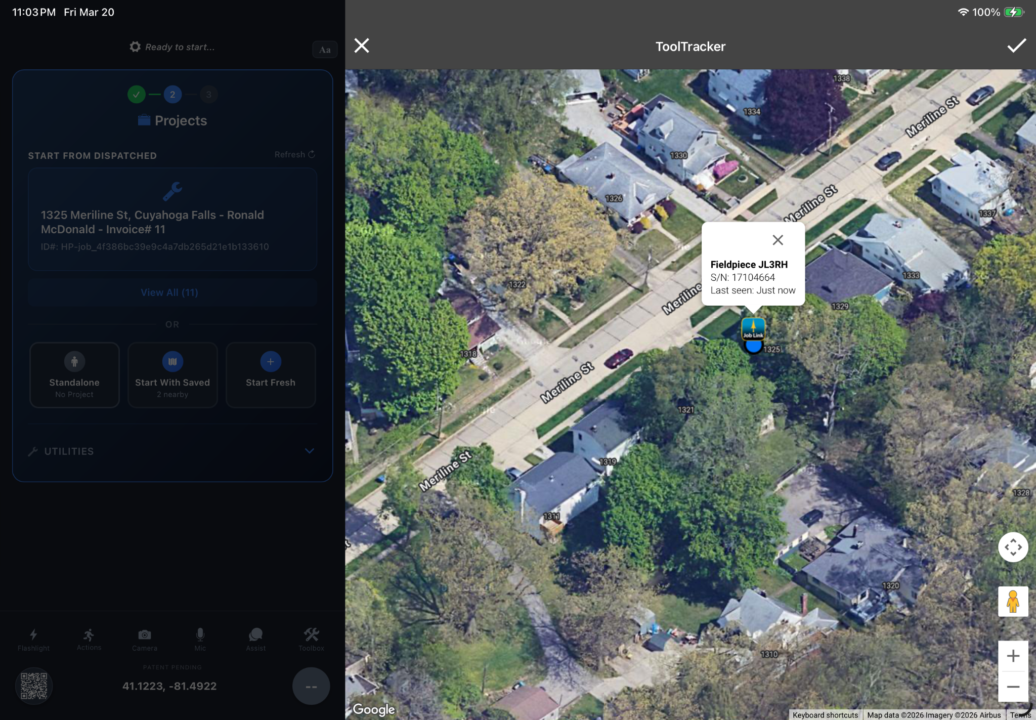 Tool Tracker map view showing last-known location of Bluetooth tools
