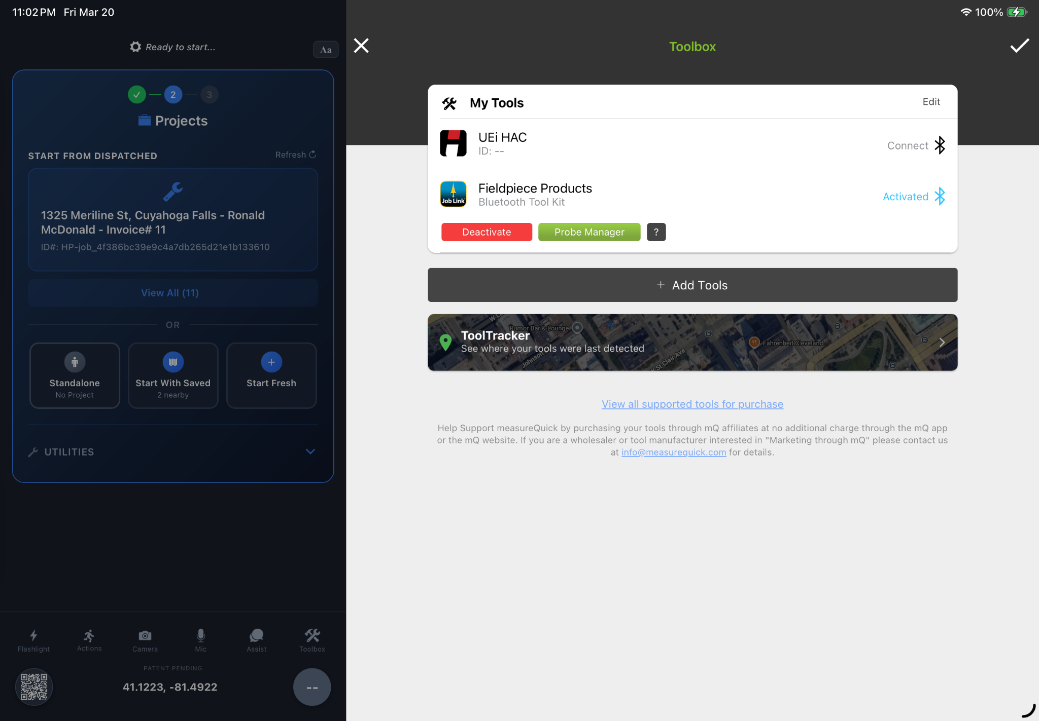 Toolbox screen showing connected tools and Tool Tracker access button