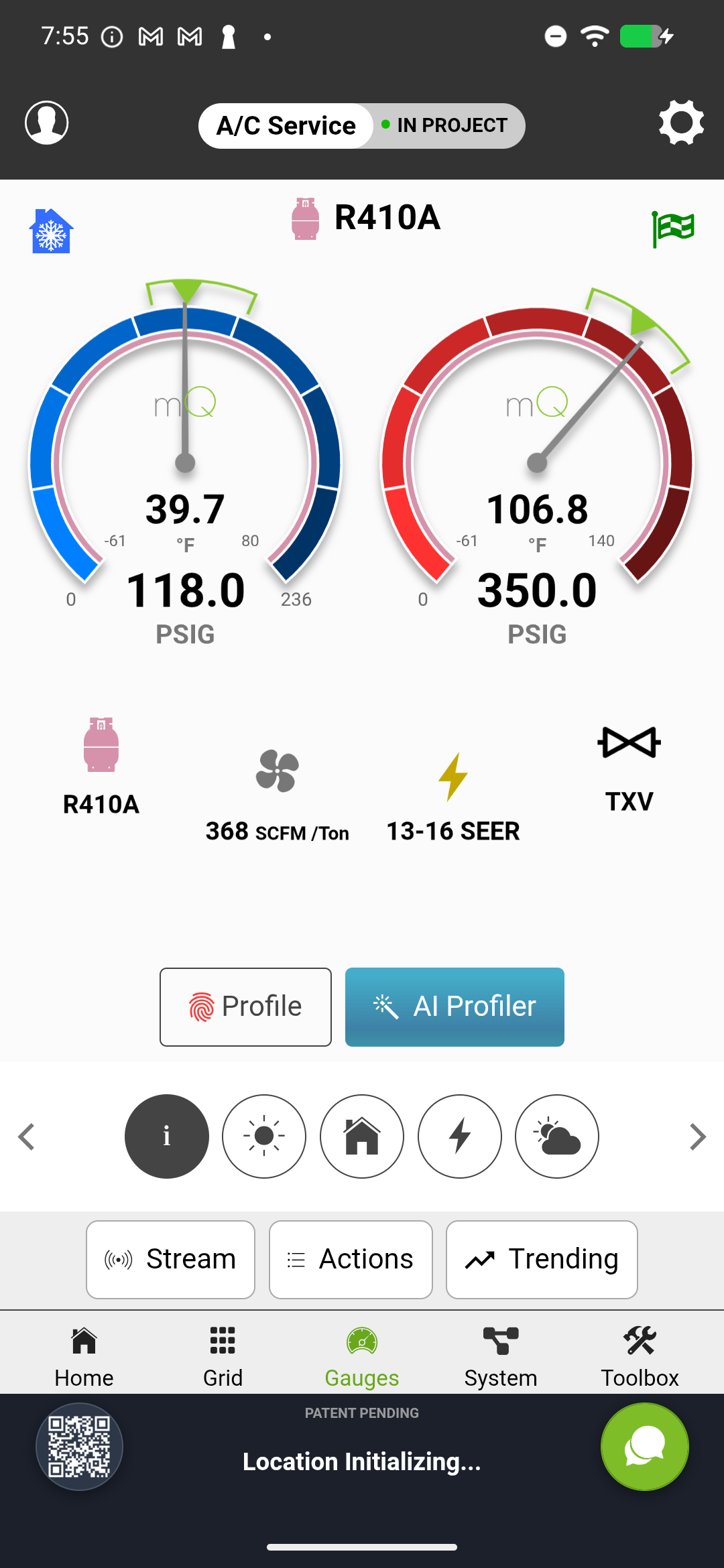 Quick Charge live view showing superheat and subcooling gauges with current values approaching target ranges