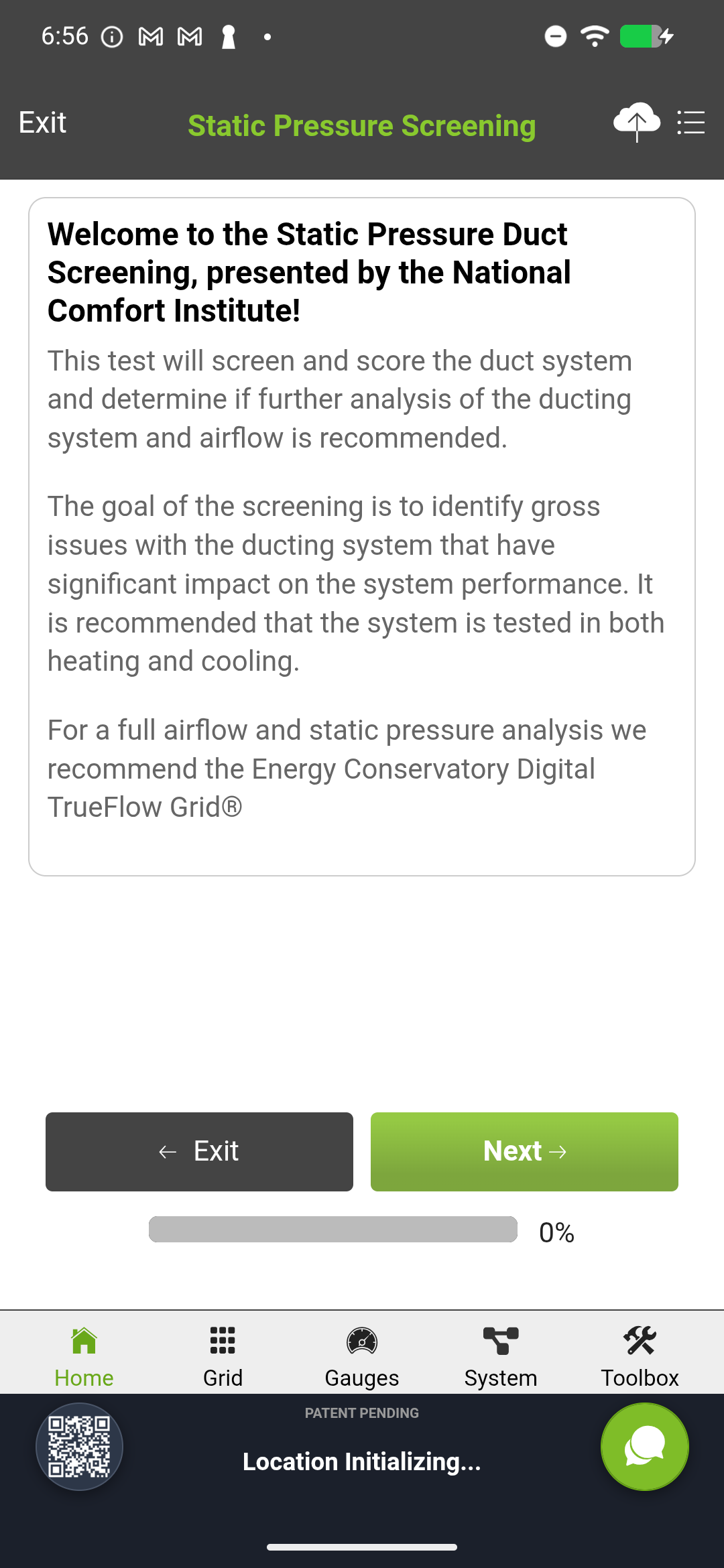 measureQuick Quick Tests menu showing Static Pressure Screening option highlighted