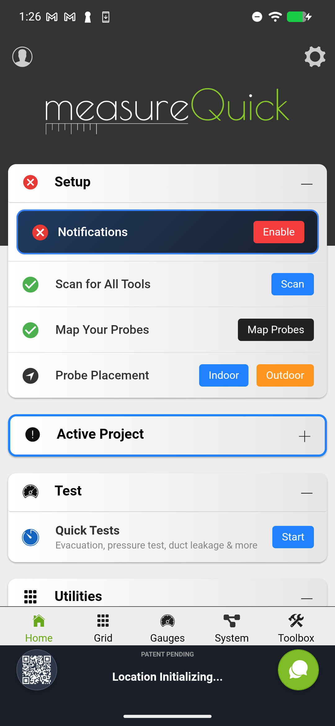 Phone and tablet side by side, both showing the measureQuick home screen with the same account