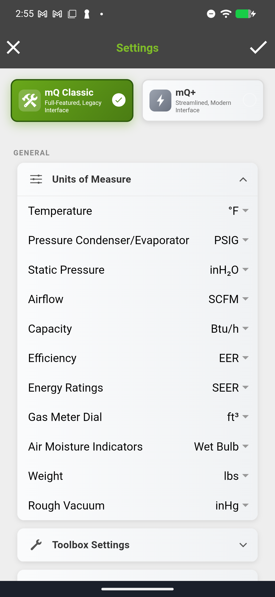 Settings screen scrolled to the Units of Measure section, showing Temperature, Pressure, Static Pressure, Airflow, and other unit selectors