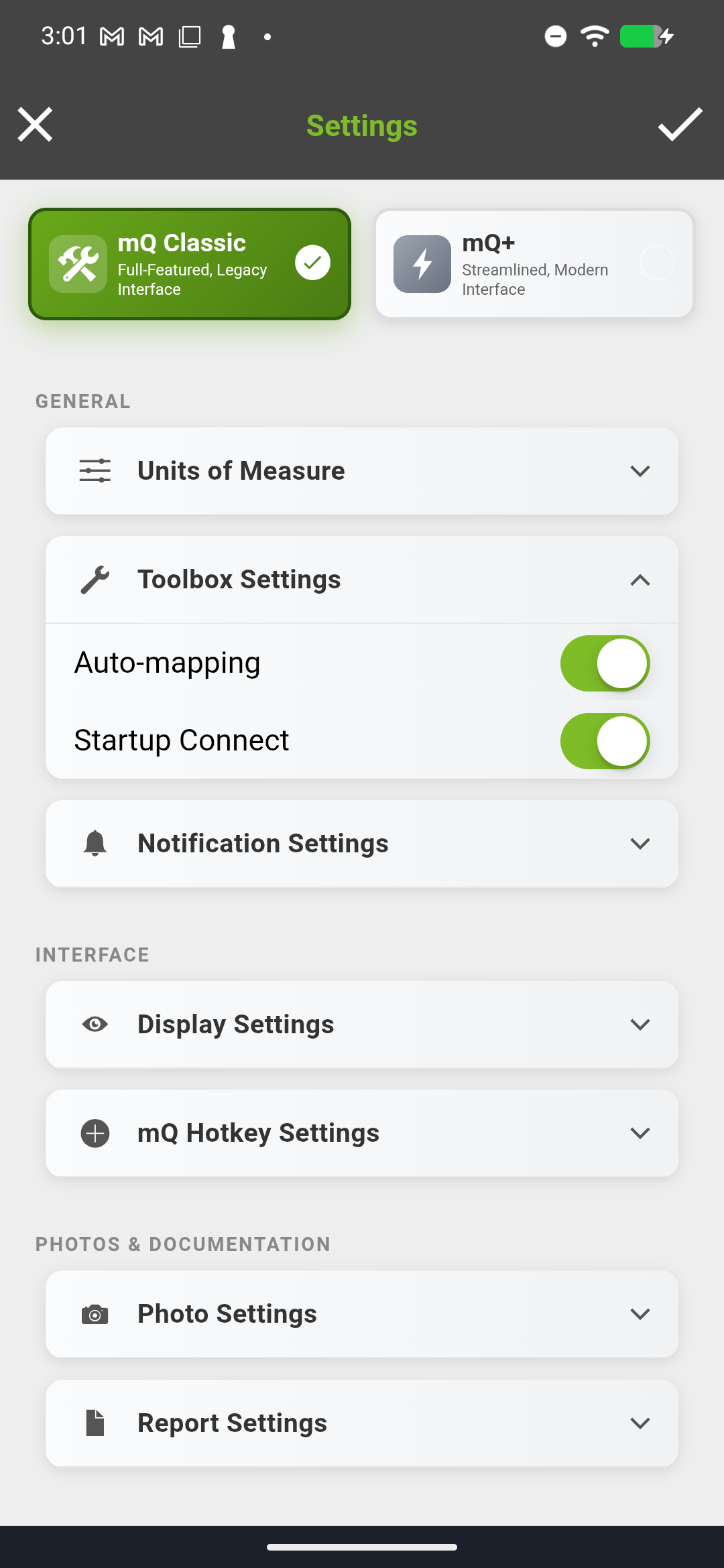 Settings screen scrolled to Toolbox Settings showing Auto-mapping and Startup Connect toggles