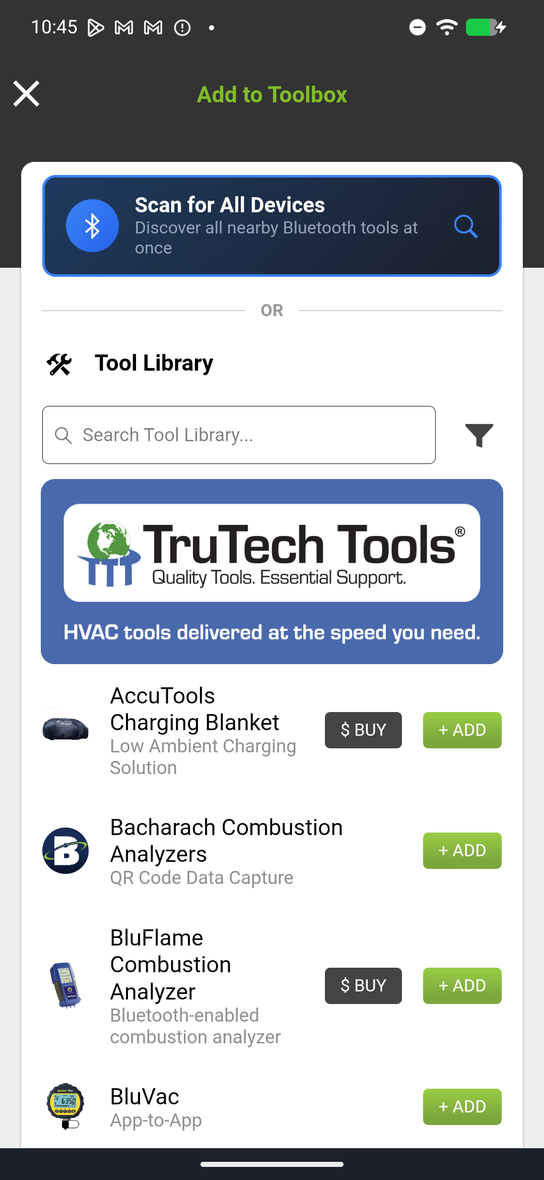 Toolbox screen with Scan for Devices and Bluetooth instrument library