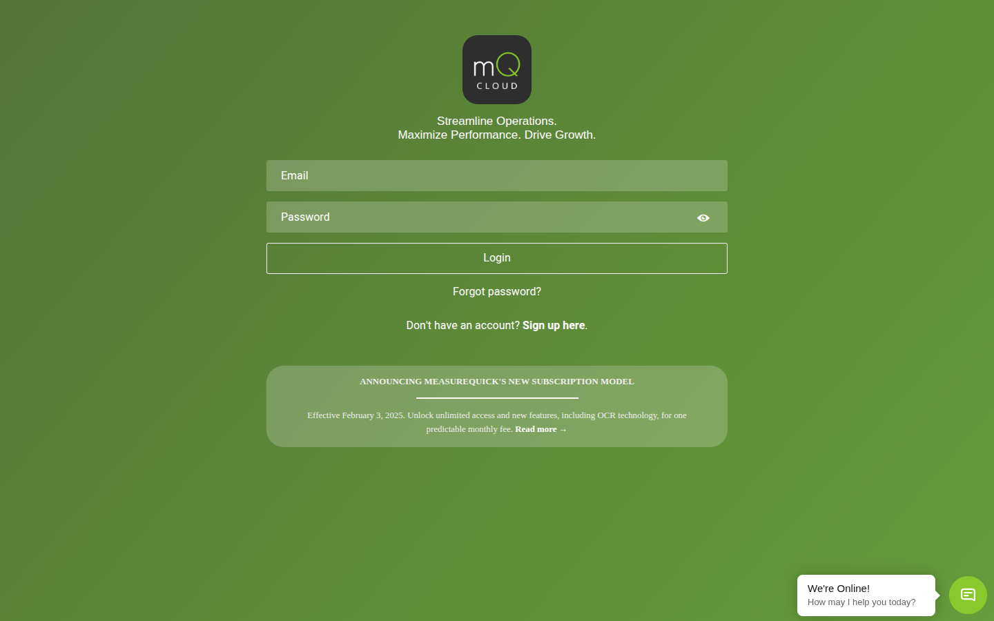 Cloud portal login page at cloud.measurequick.com with email and password fields