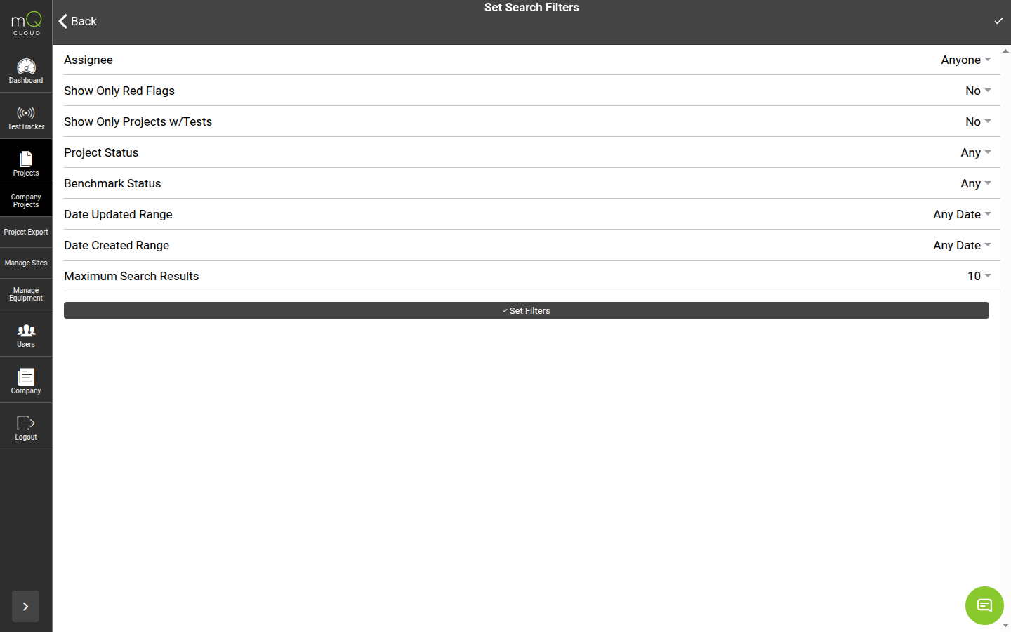 Cloud portal search filters with Assignee dropdown to filter by technician, status, date range, and benchmark status