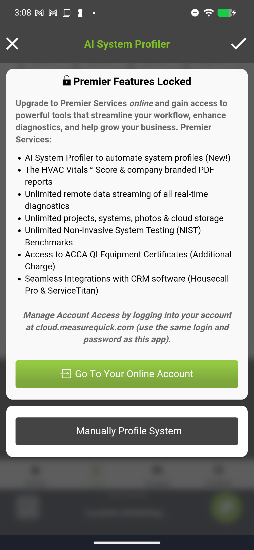 Premier Features list showing AI System Profiler, Vitals Score, live streaming, unlimited projects, QI certificates, and CRM integrations