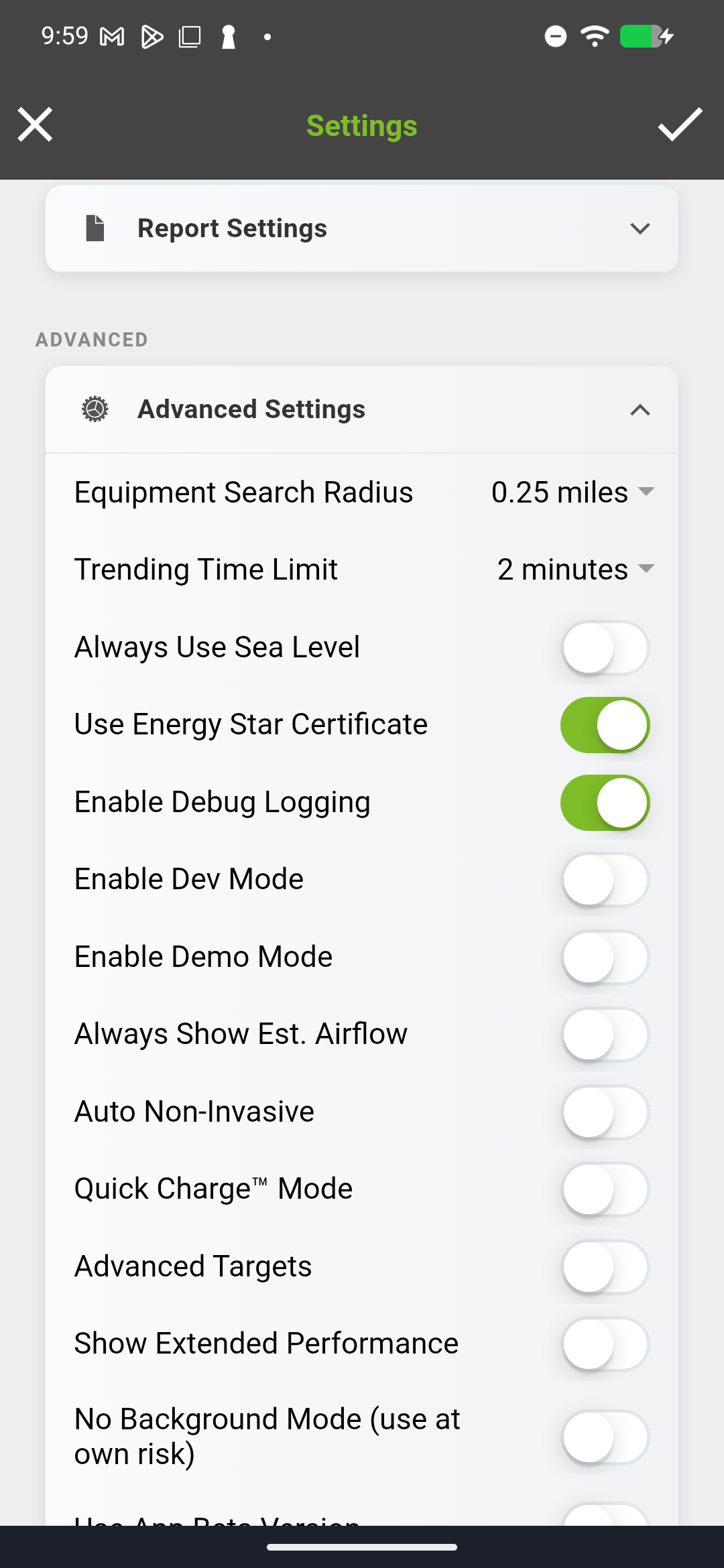 Advanced Settings showing Equipment Search Radius, Trending Time Limit, and various toggles