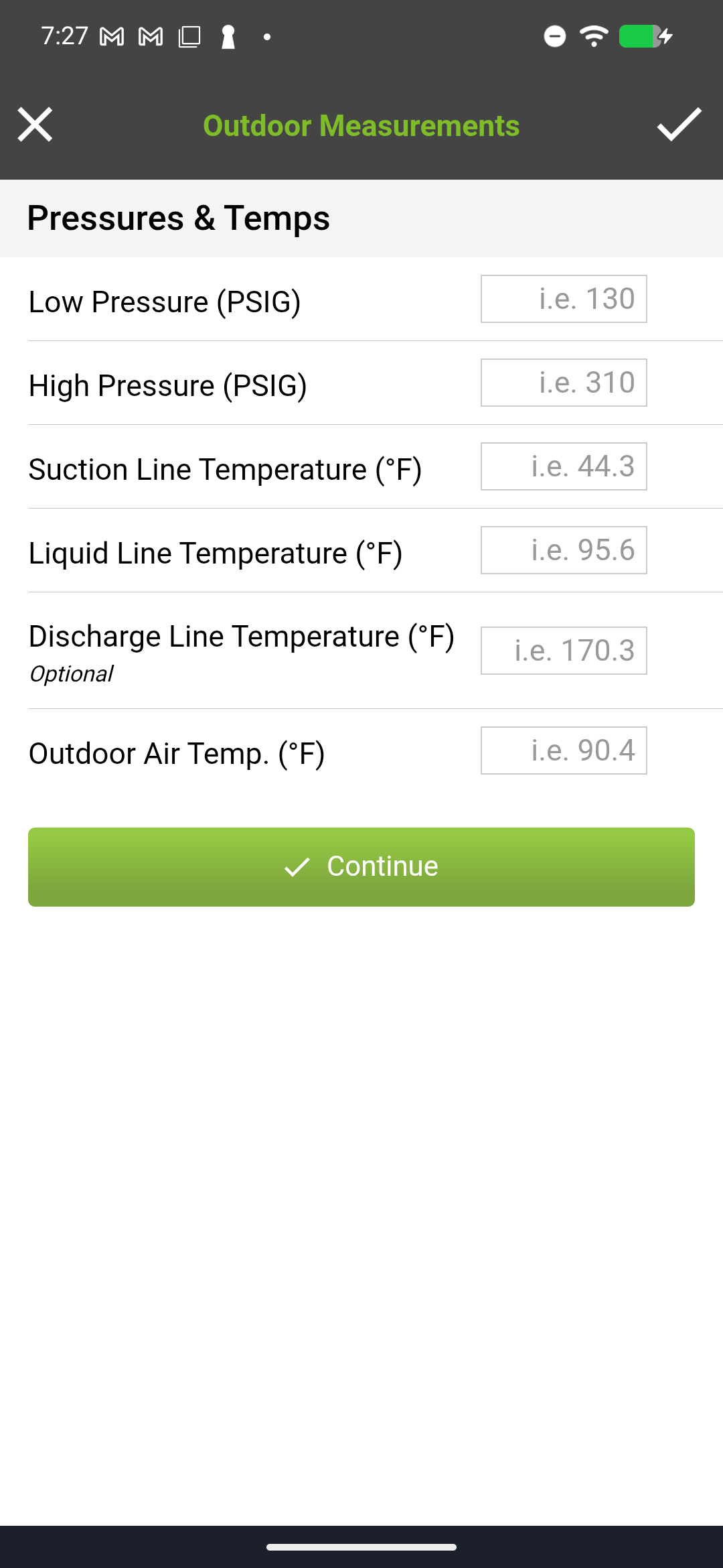 Outdoor Measurements form showing pressure and temperature fields