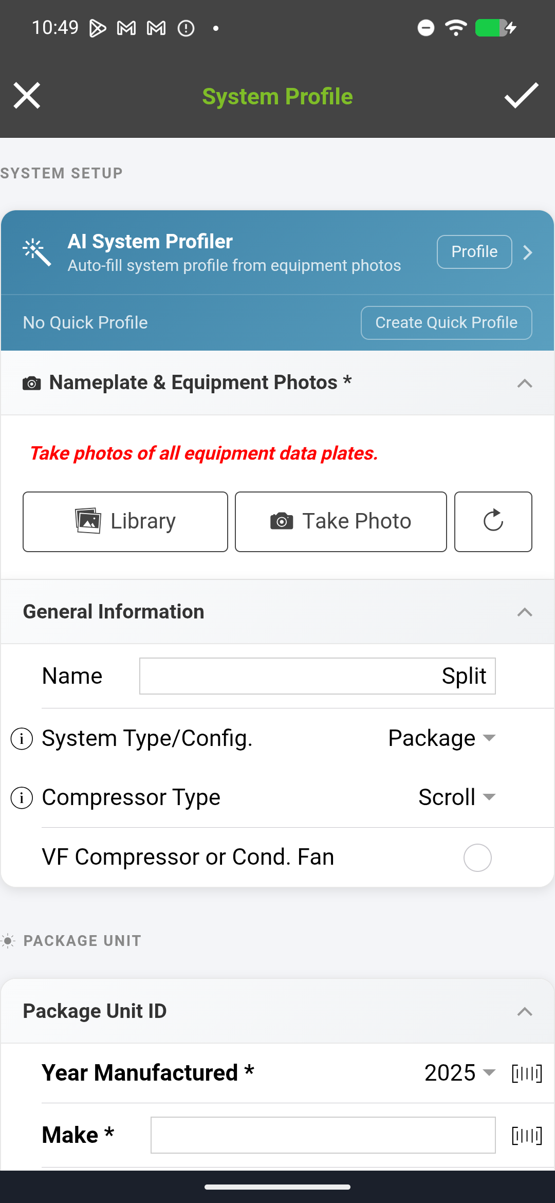 Package Unit system profile with single-cabinet equipment fields