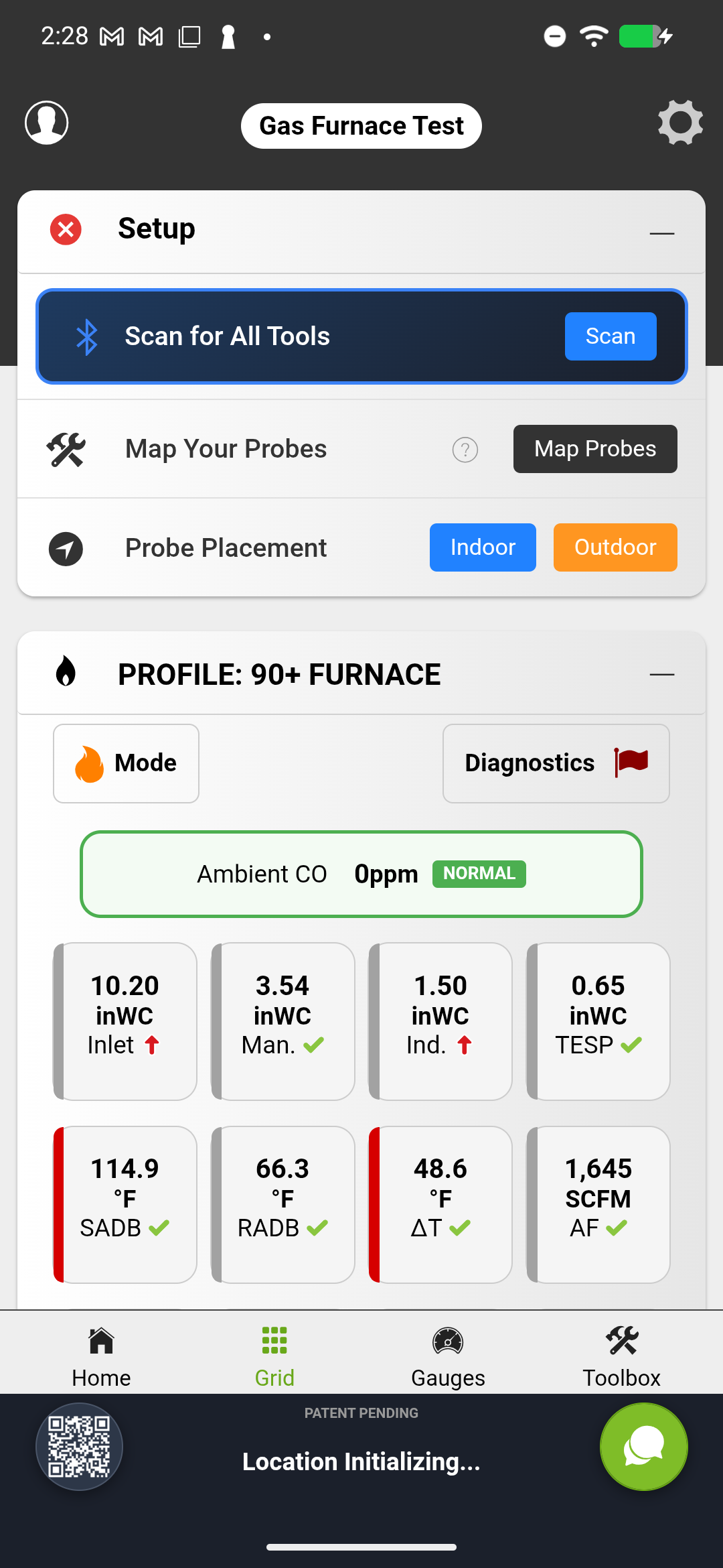 Gas Furnace grid showing Ambient CO, inlet pressure, manifold pressure, induced draft, TESP, temperatures, and airflow measurements
