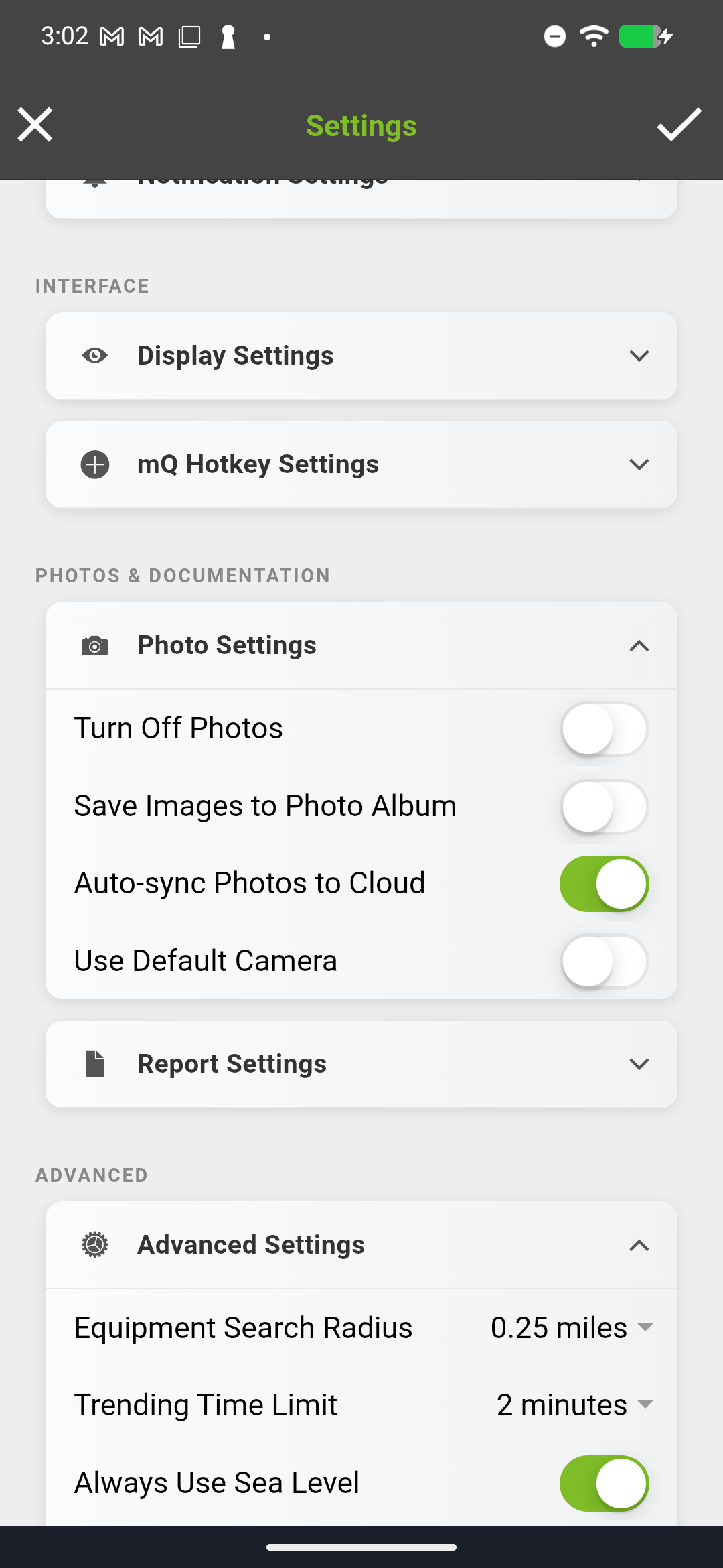 Photo Settings showing all three toggles with recommended values