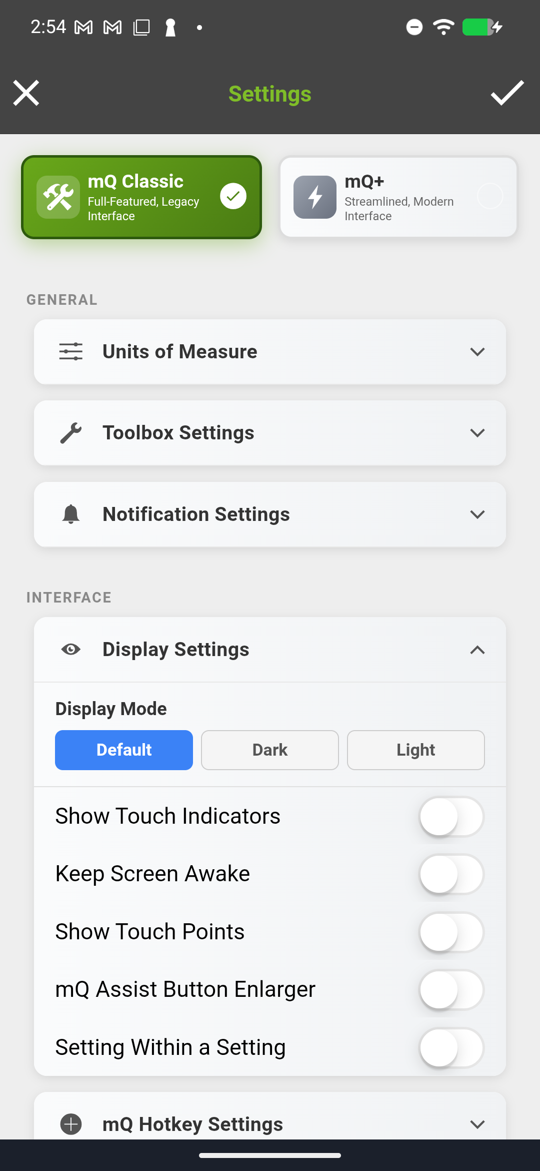 Settings screen scrolled to Display Settings showing toggle options