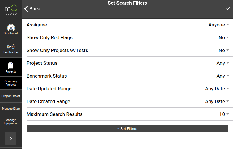Cloud portal project list with search filters for assignee, status, and date range