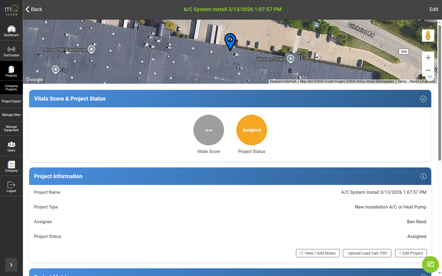 Cloud portal project detail showing Assignee field with technician name