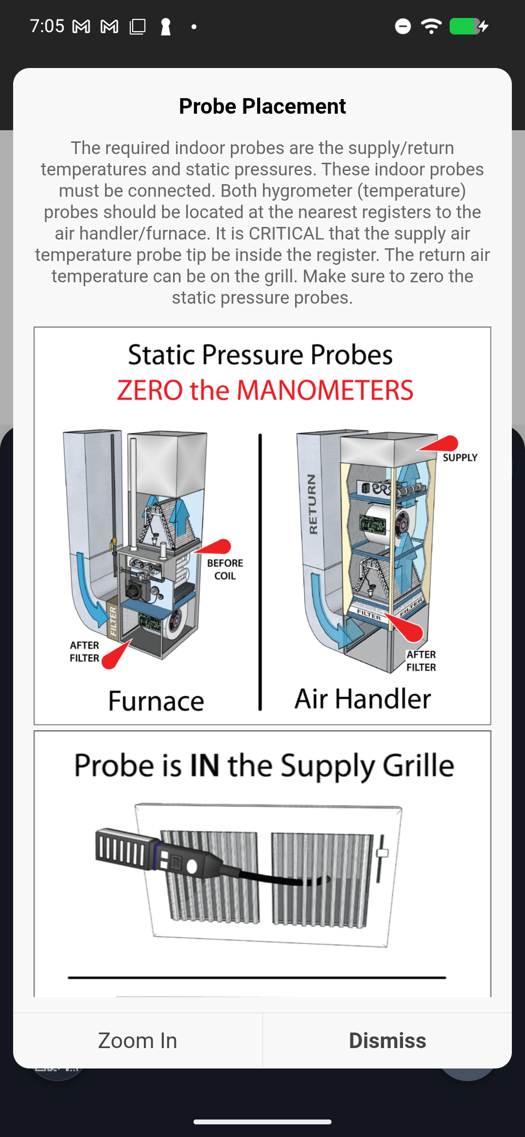 Deploy Indoor Probes diagram detail showing Probe is IN the Supply Grill with probe inserted into the grille