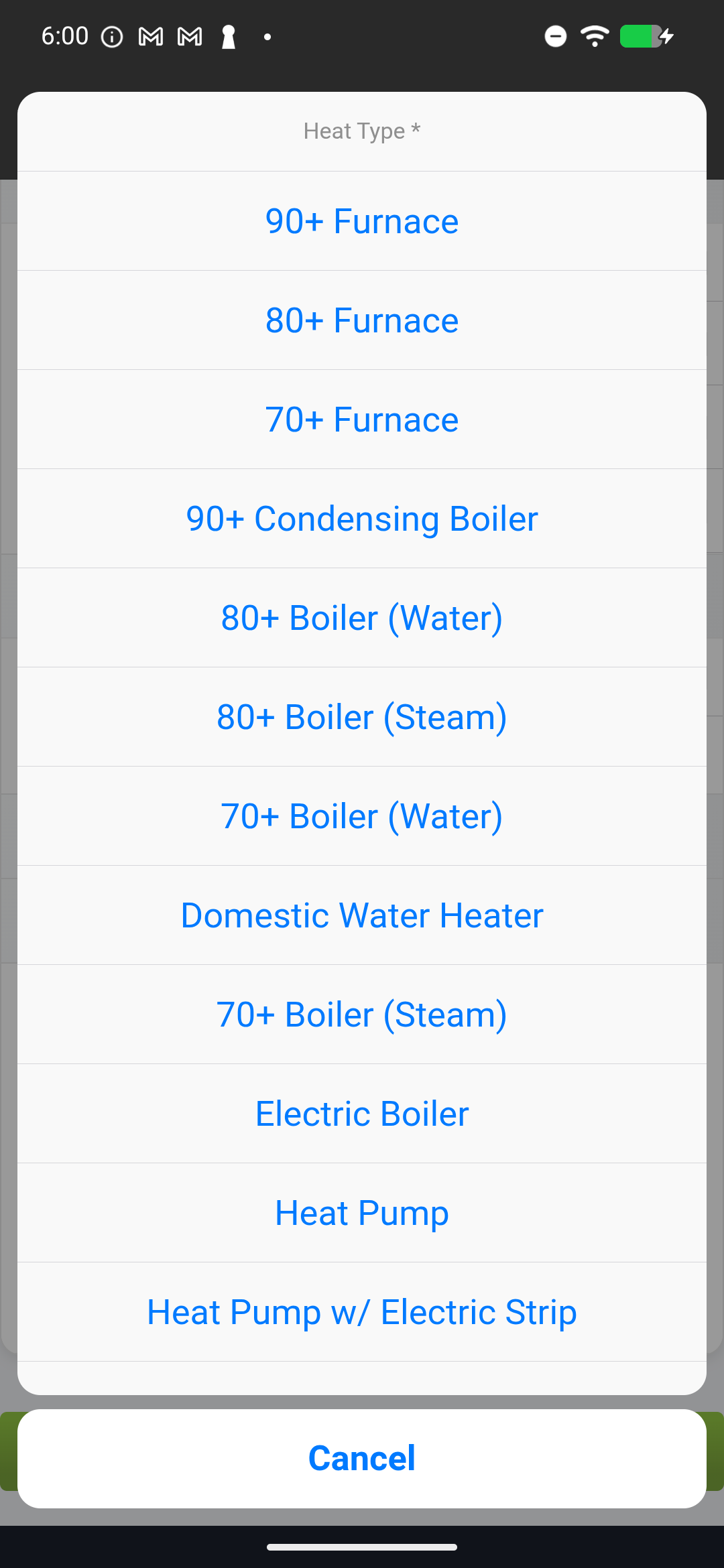 Heat type selection screen with Electric, Gas, Heat Pump, and None options