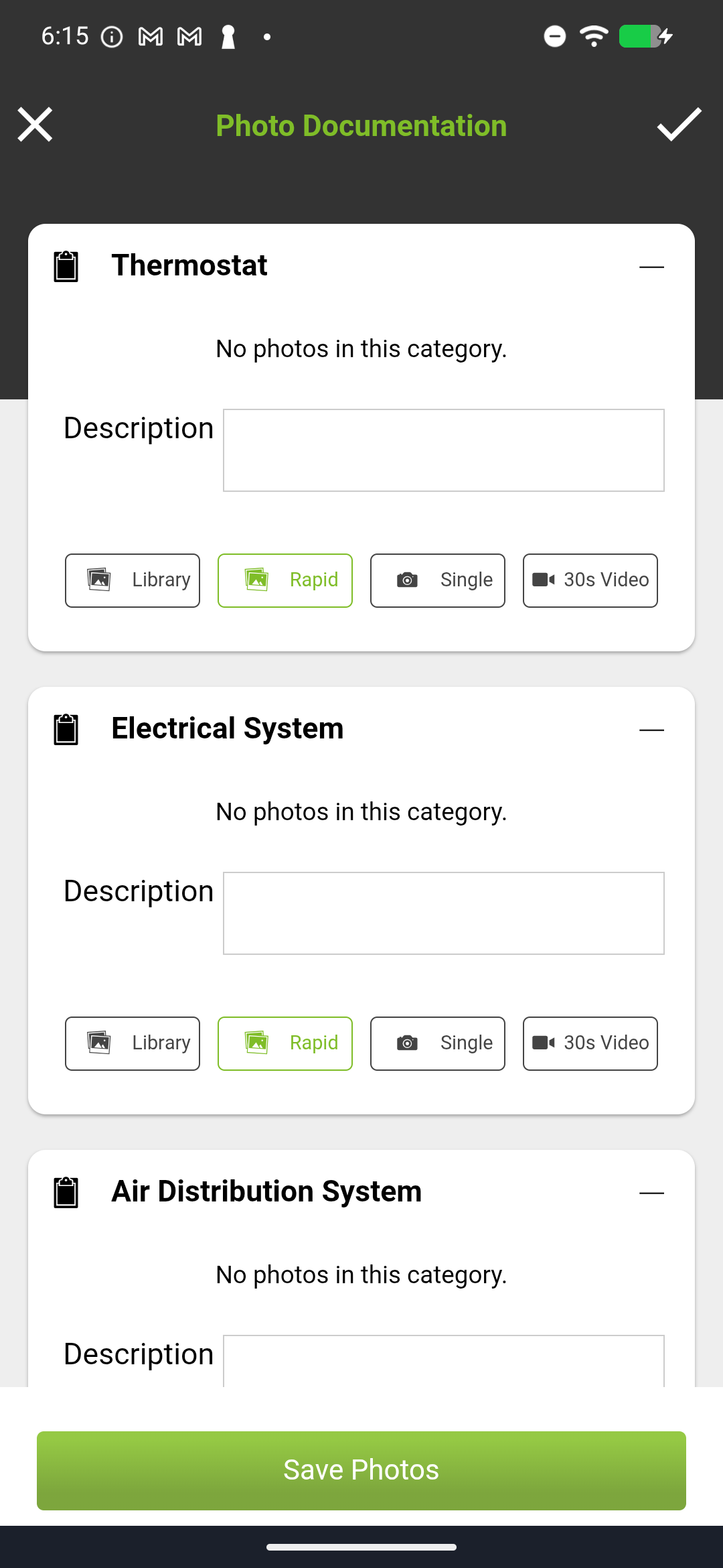 Three entry points for video - a photo documentation step with a video icon, a checklist item with a video button, and the Navigation Drawer camera menu showing Add Videos