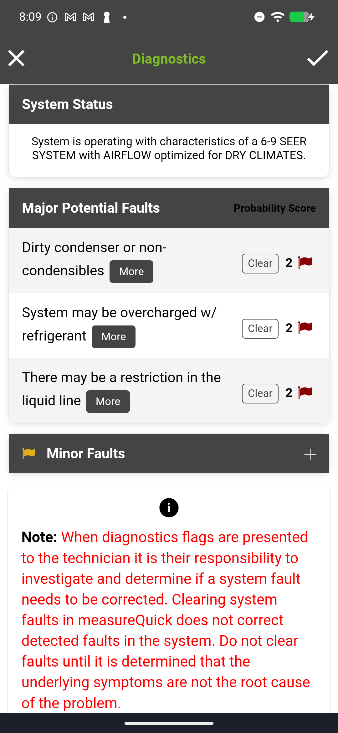 Diagnostics screen after Test In showing multiple subsystem results with a mix of pass, fail, and warning indicators