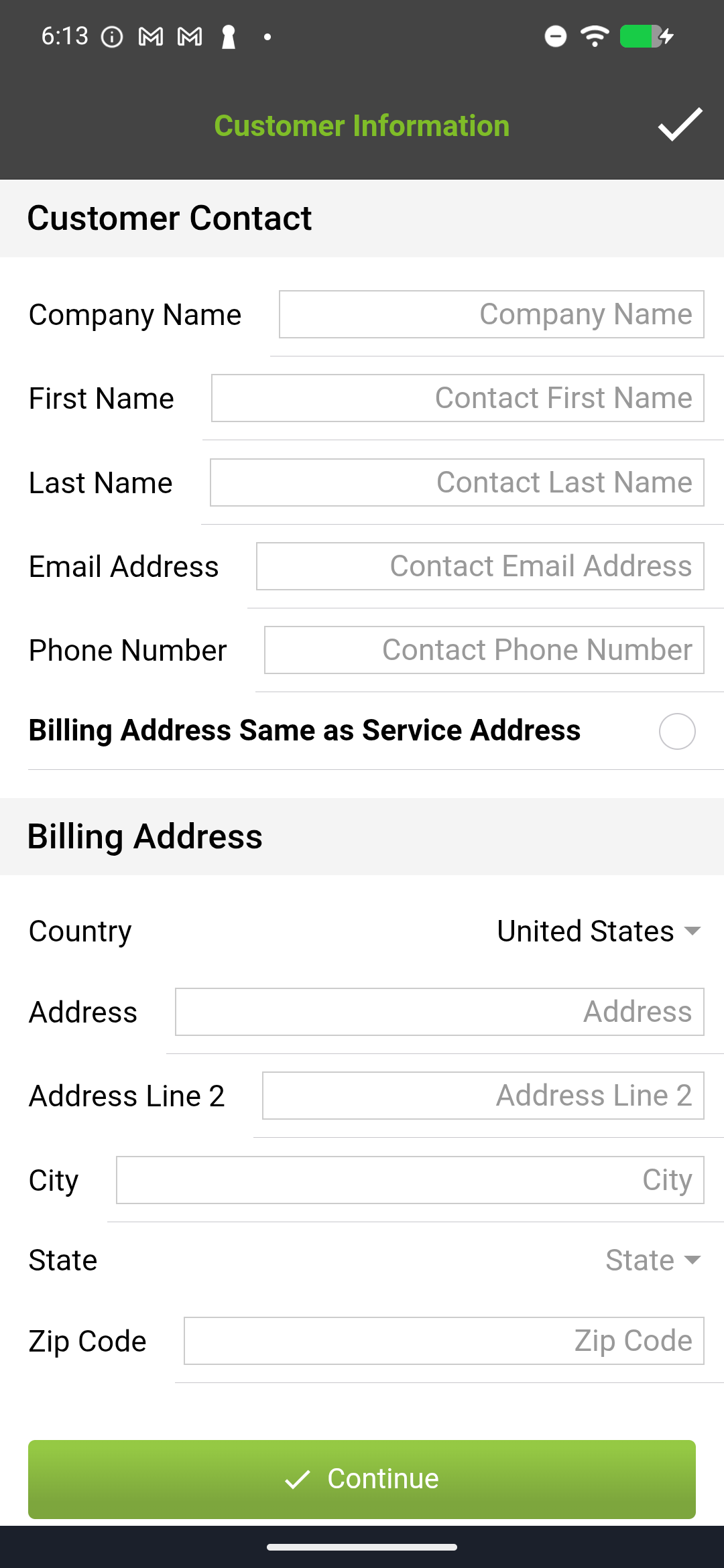 Customer Information screen with contact and billing fields