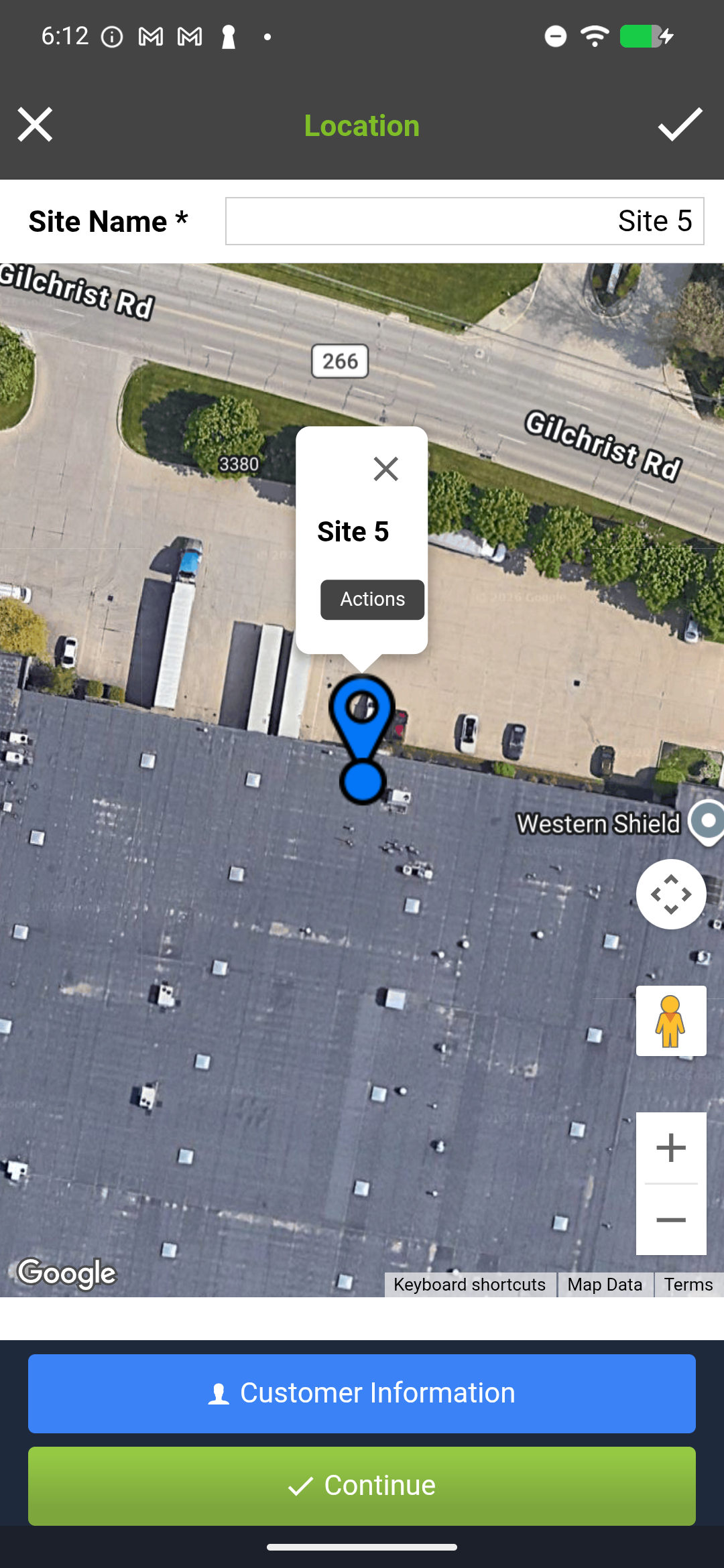 Site Information screen with name, address, and map pin fields