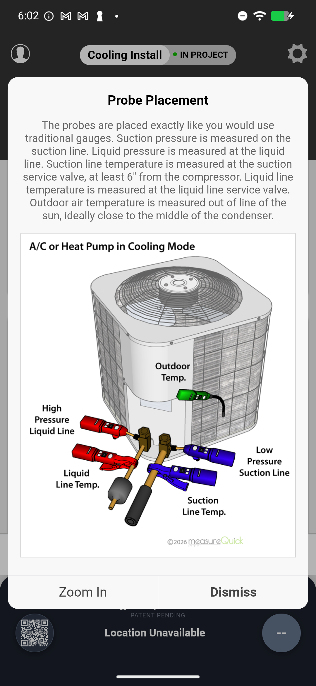 Outdoor probe placement diagram showing suction, liquid, discharge, and ambient probe positions
