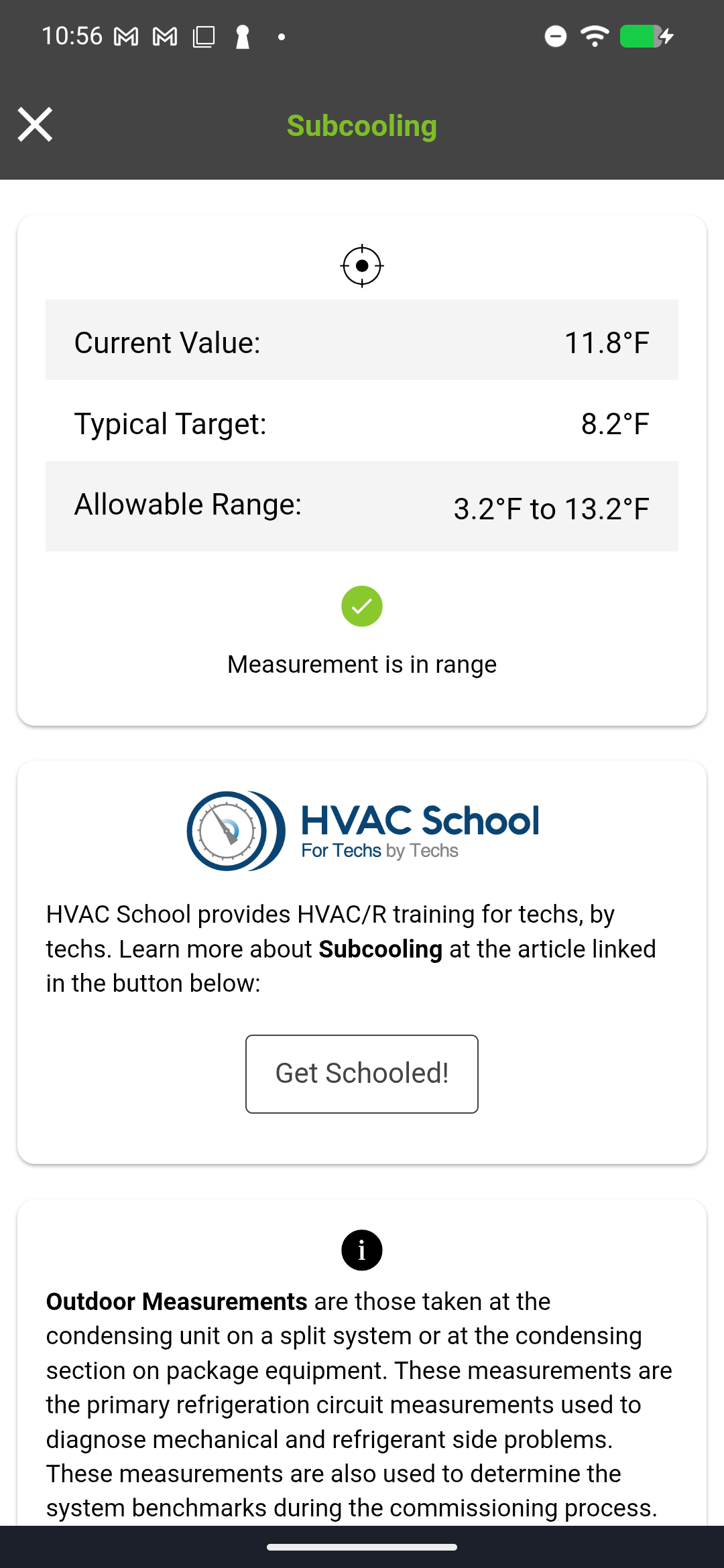 Subcooling detail screen showing current value, typical target, allowable range, and in-range indicator