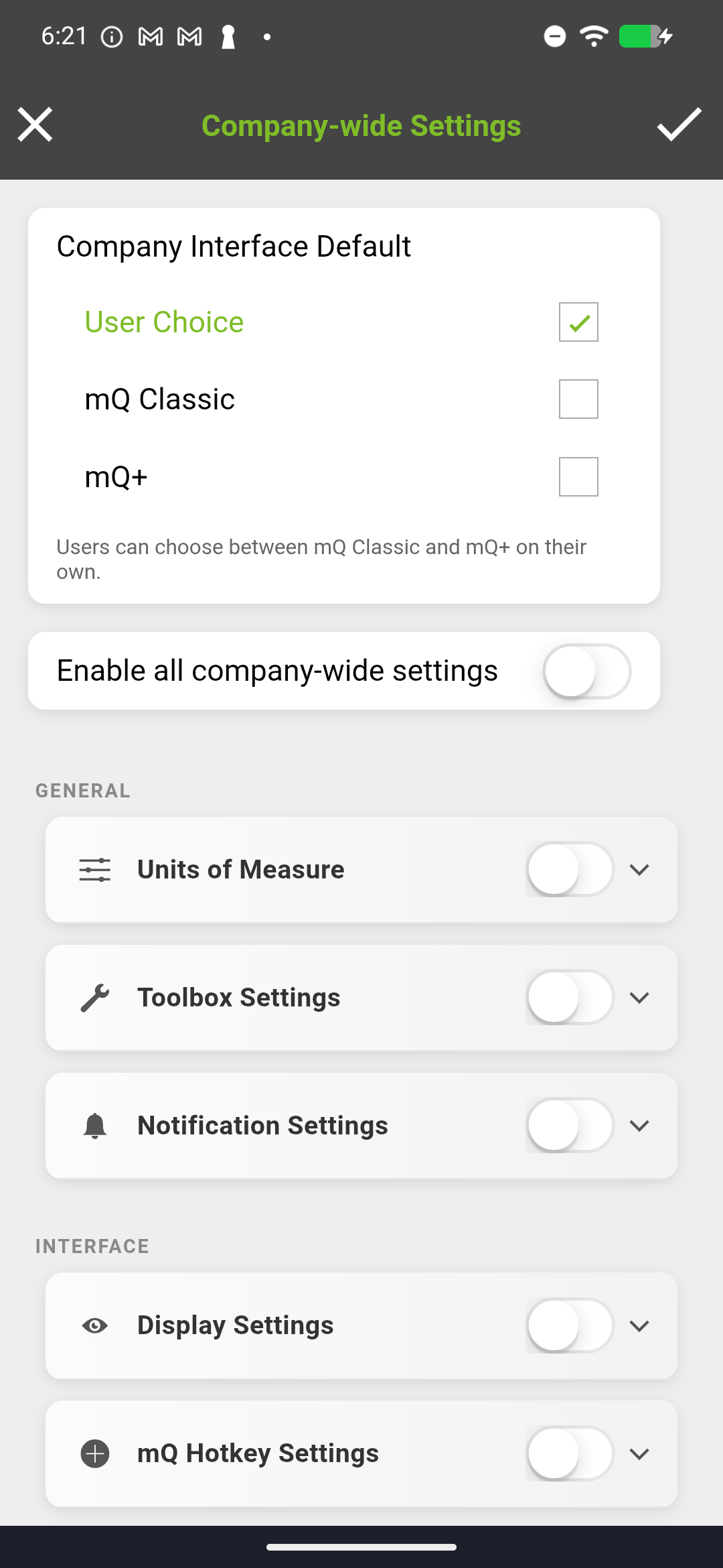 Company-wide Settings showing interface default, enable all toggle, and lockable sections for Units, Toolbox, Notifications, Display, and Hotkey