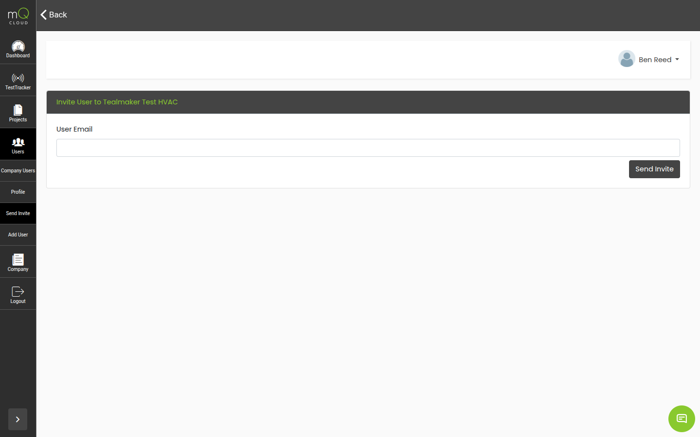 Invite User dialog with email field and role dropdown