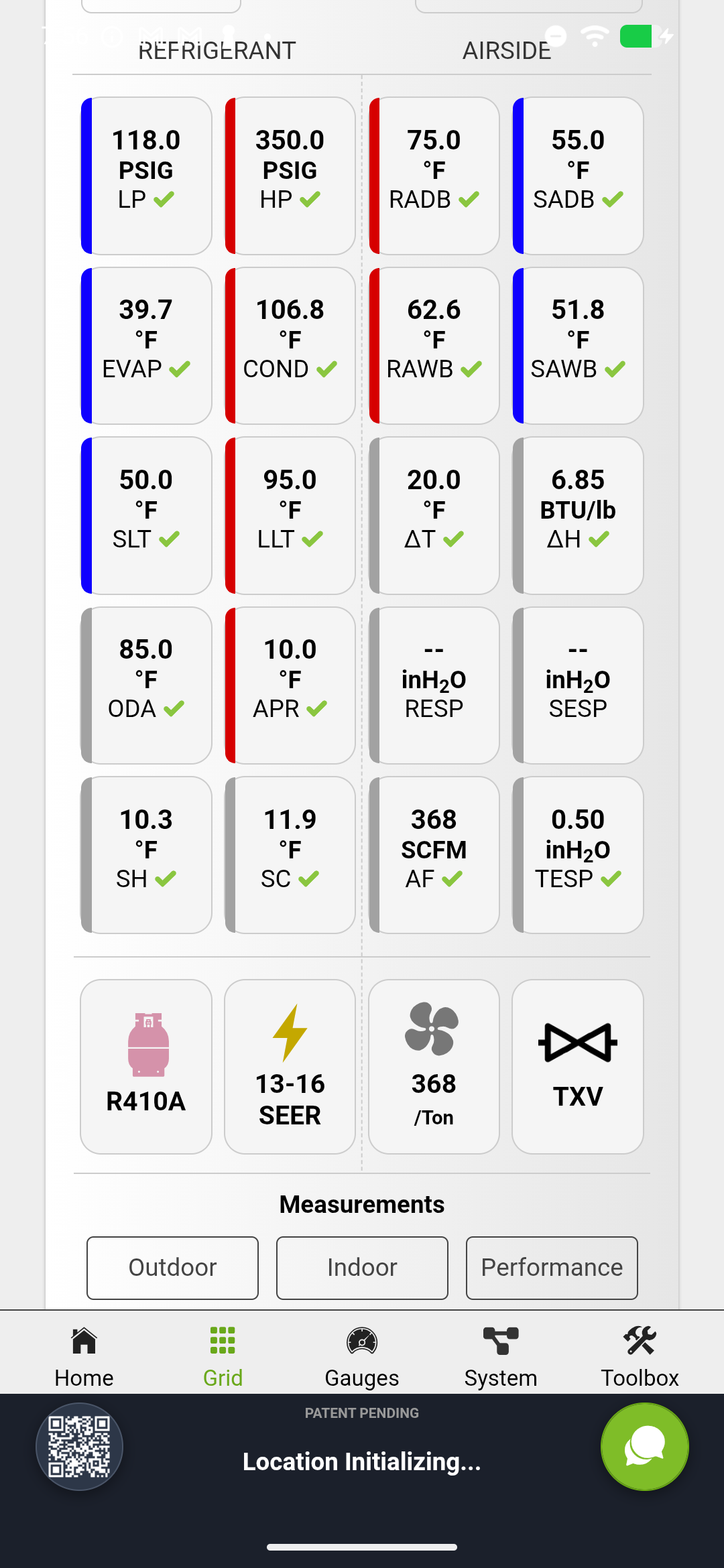 Grid view showing complete measurements with all values in green target ranges including superheat, subcooling, airflow, and static pressure