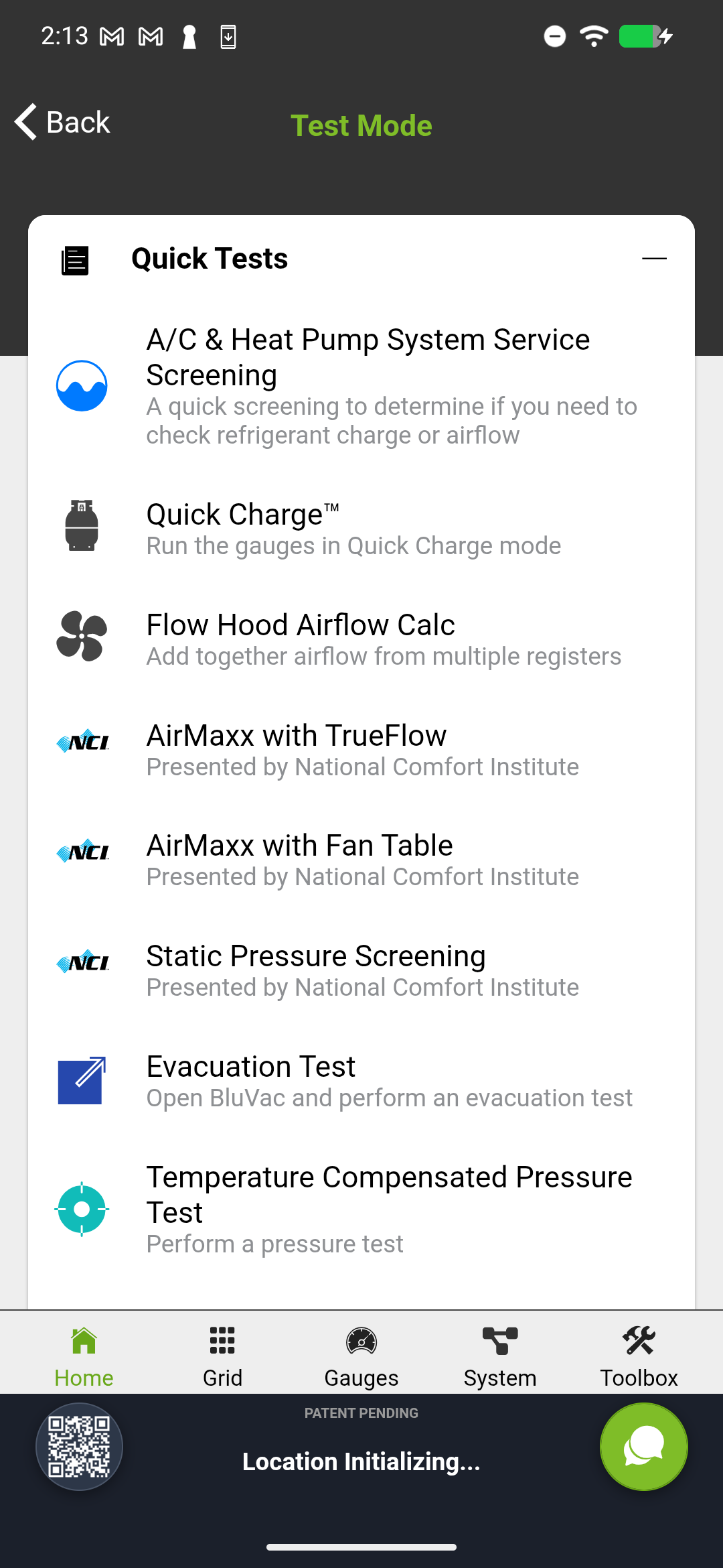 Quick Tests menu showing Quick Charge Mode option