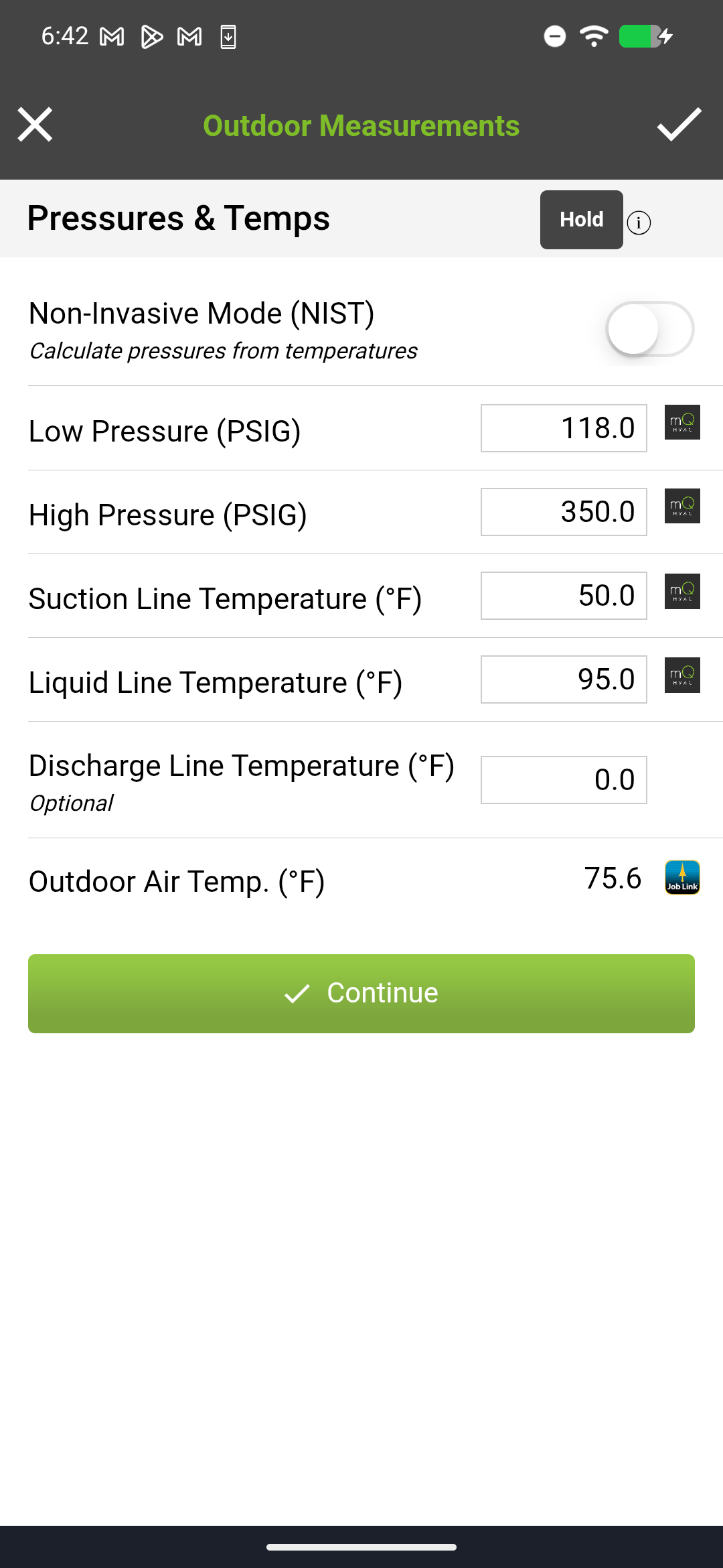 Outdoor Measurements showing pressure readings with physical probe source icons