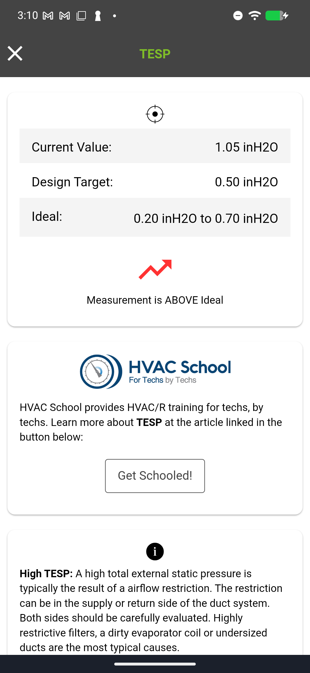 Measurement detail screen showing current value, design target, ideal range, and explanation