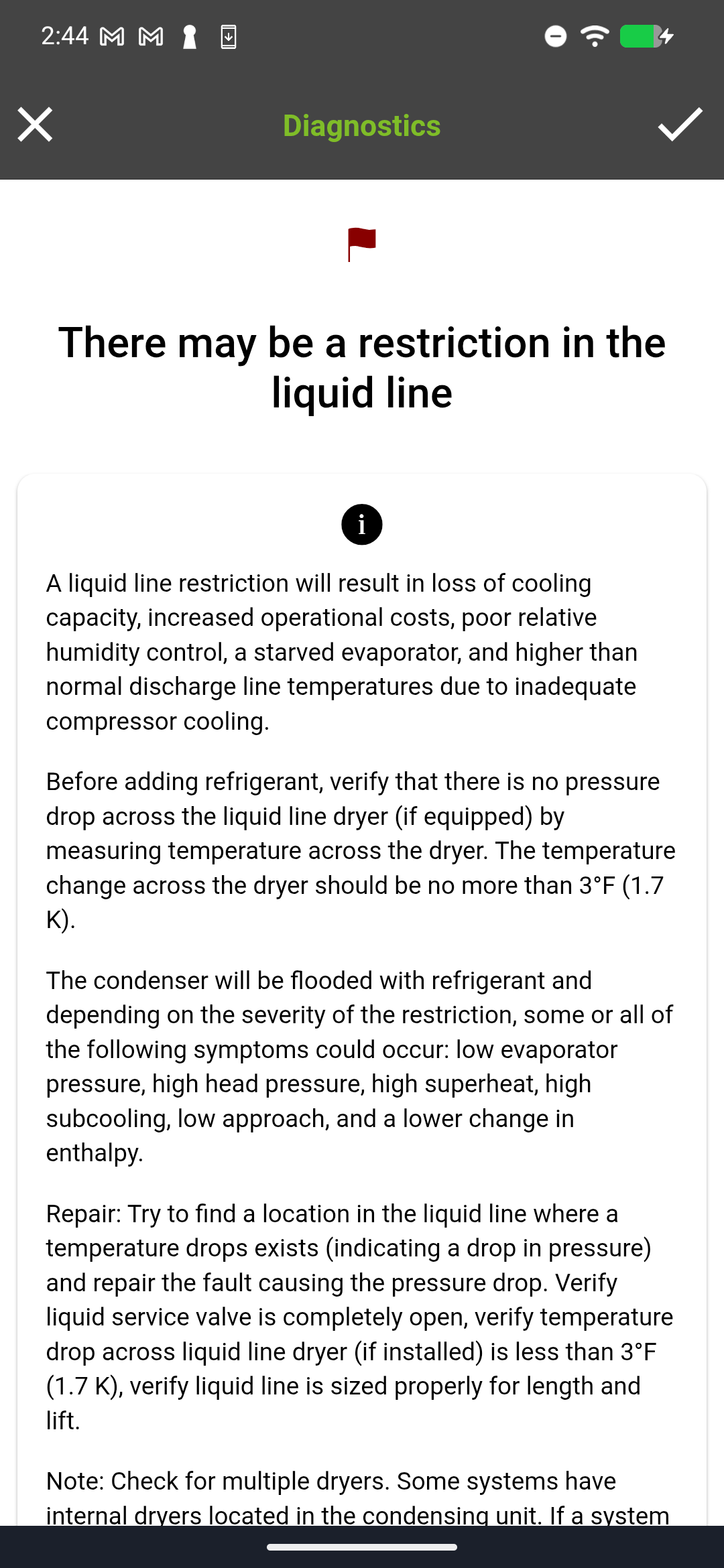 Diagnostics detail view showing fault description, condition, symptoms, and resolution steps