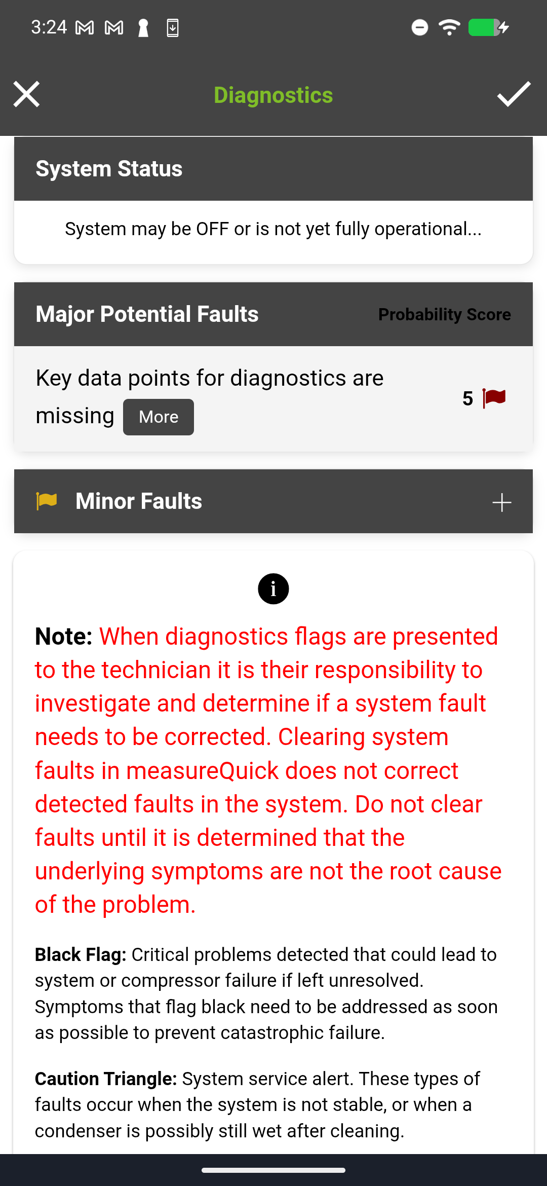 measureQuick workflow diagnostics screen showing live return and supply static pressure values streaming from the connected manometer
