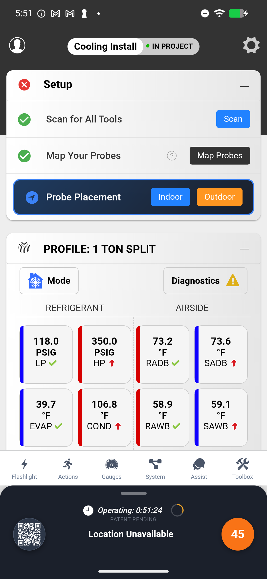 Test Out workflow showing measurement capture in progress with probe data streaming