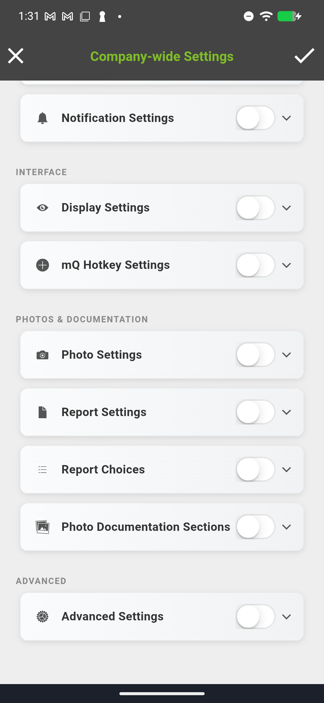 Company-Wide Settings panel showing lockable sections with toggles