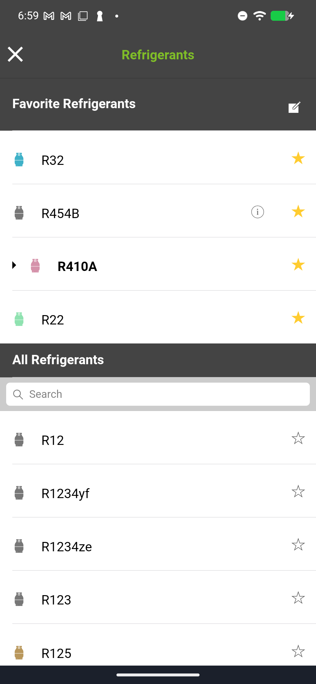 Refrigerant selection screen showing searchable list with favorites at top