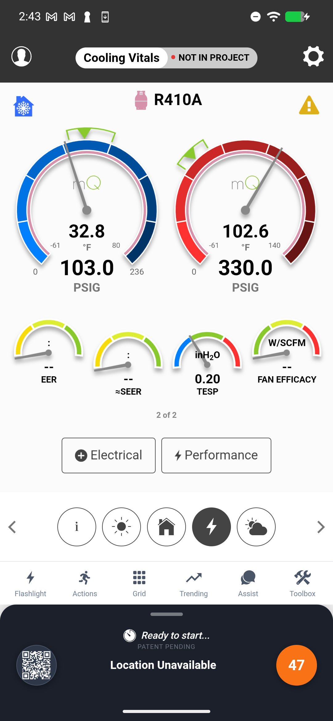 measureQuick showing a static pressure FAIL result with the measured TESP highlighted alongside the equipment's rated maximum
