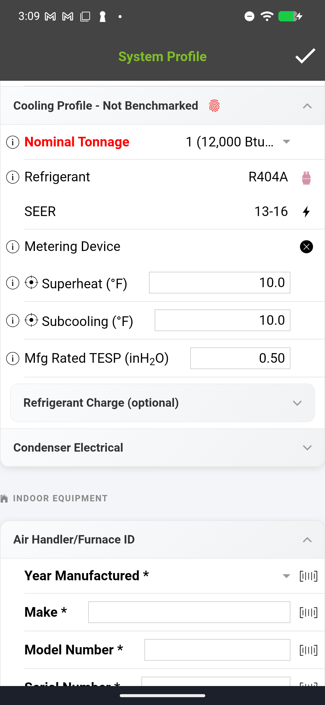 Charge parameters section showing Factory Charge, Line Set Length, and Additional Charge per Foot fields