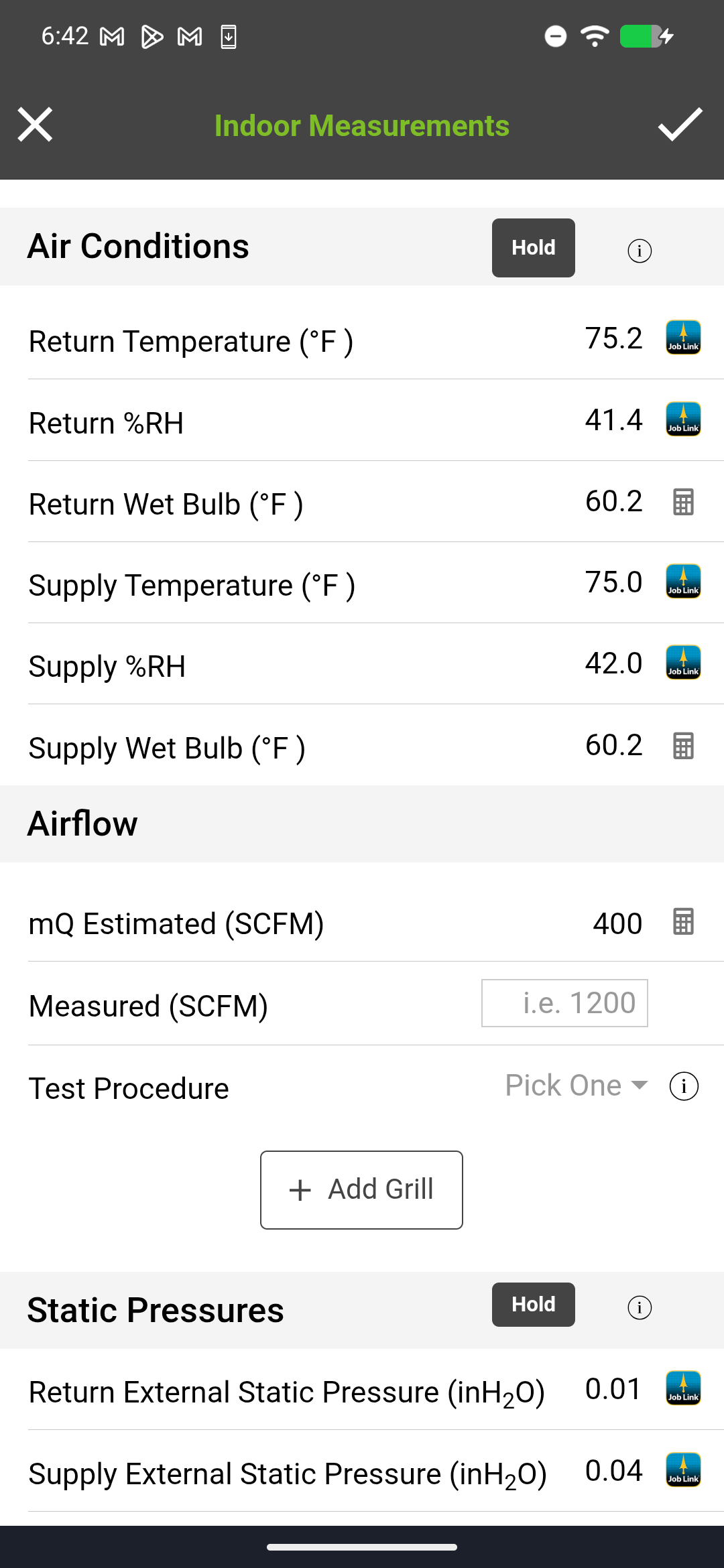 Indoor Measurements showing mQ Estimated airflow at 400 SCFM