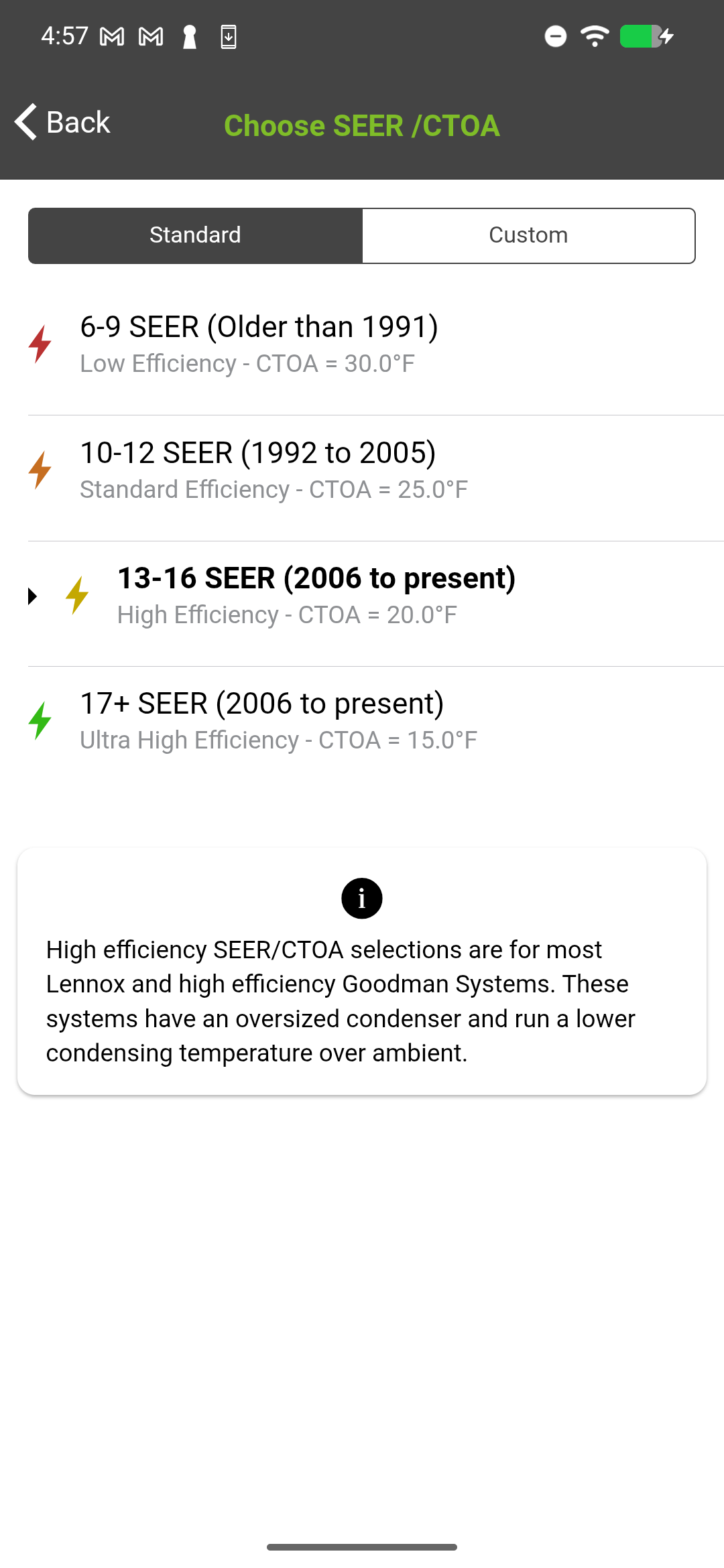 SEER selection showing available ranges with CTOA targets displayed