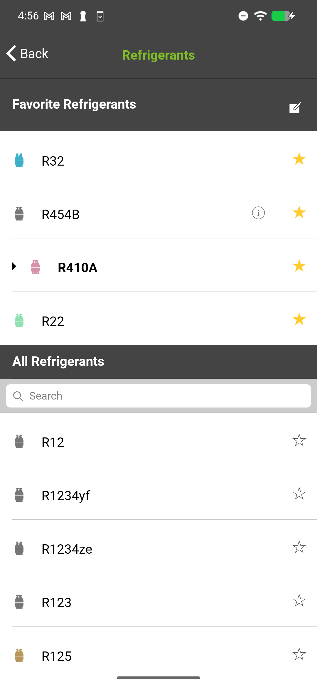Refrigerant picker showing search results for R41 with R-410A highlighted
