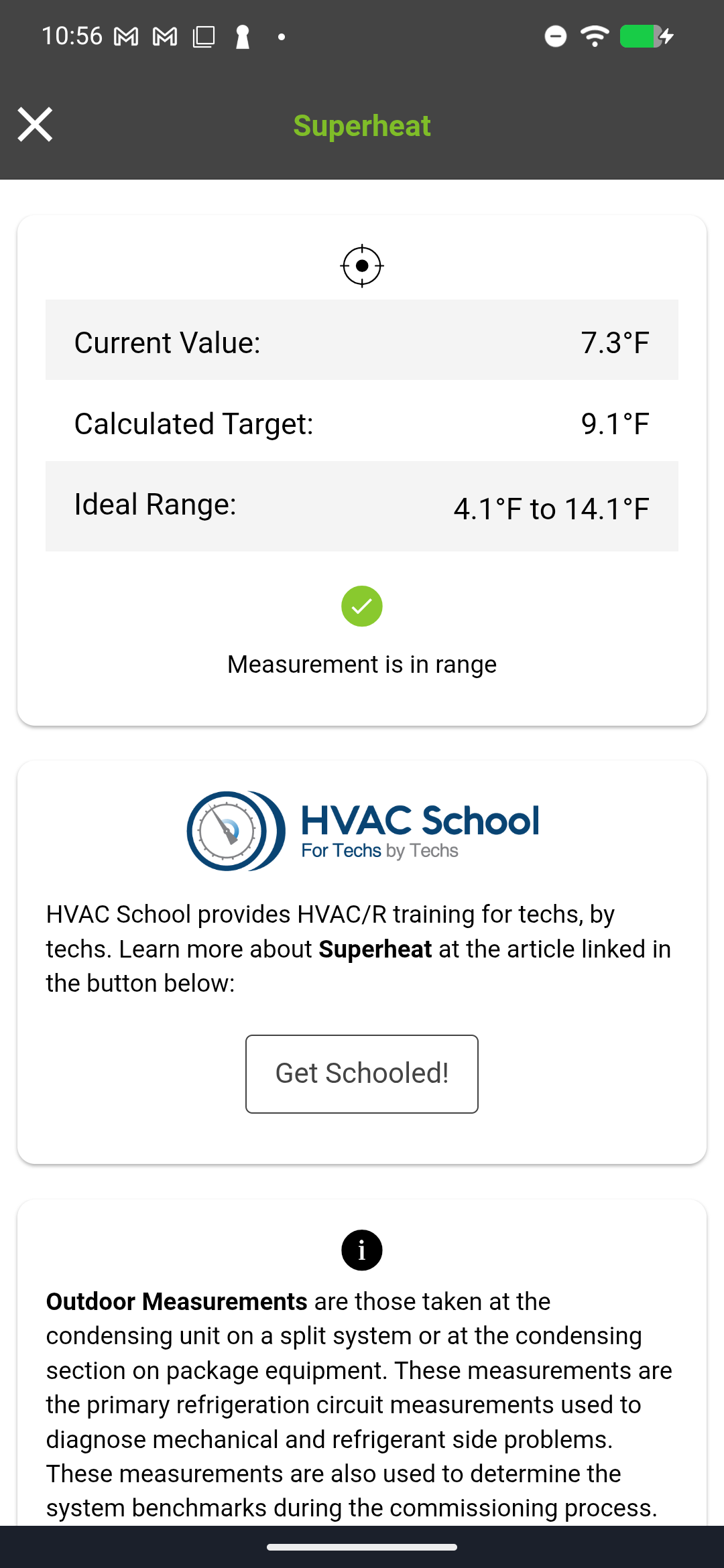 Superheat detail screen showing calculated target, measured value, ideal range, and in-range indicator