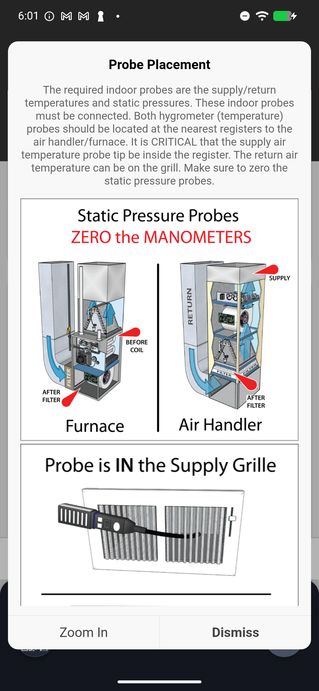 Indoor probe placement diagram showing supply, return, wet bulb, and static pressure probe positions