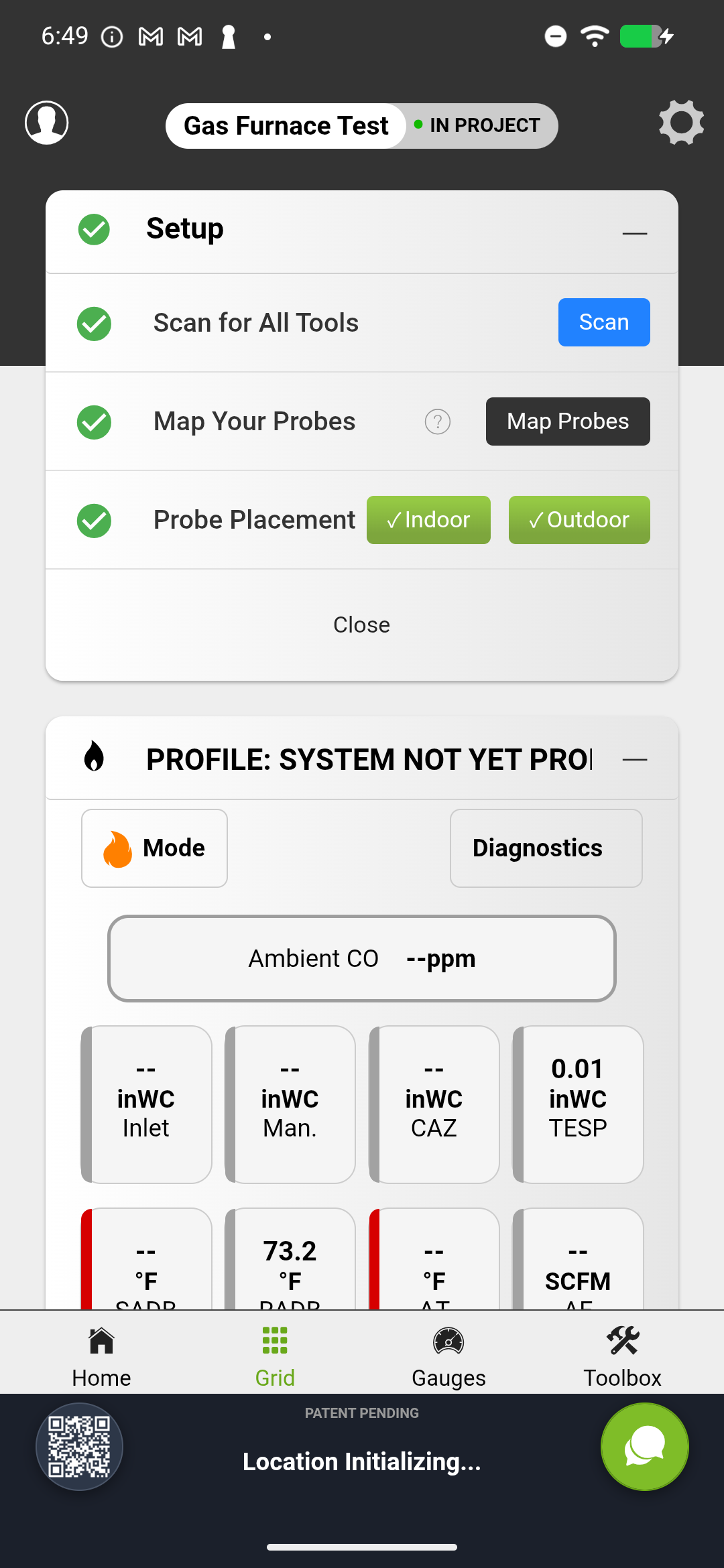 Gas furnace workflow screen showing combustion data alongside temperature rise and static pressure measurements
