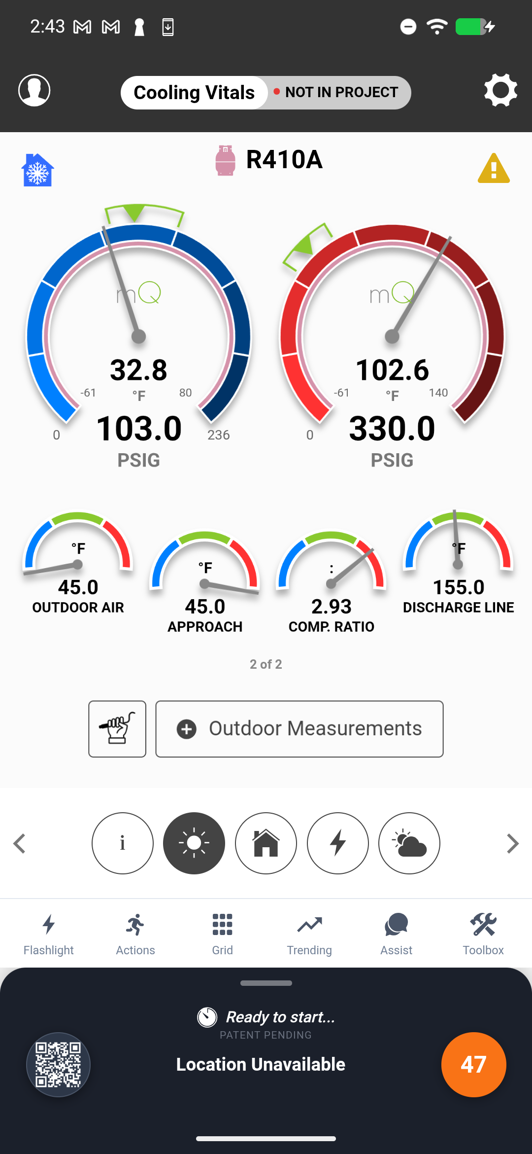 measureQuick outdoor ambient temperature reading showing below-55F condition with note about low-ambient charging limitations