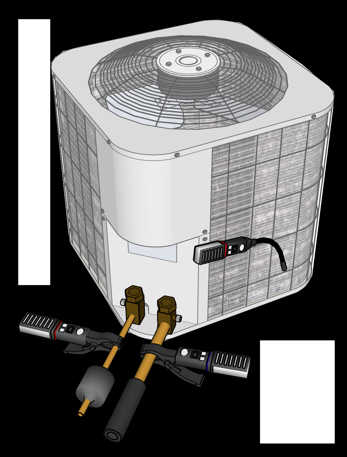 Suction line pipe clamp installed 6 inches from service valve, insulated with foam wrap