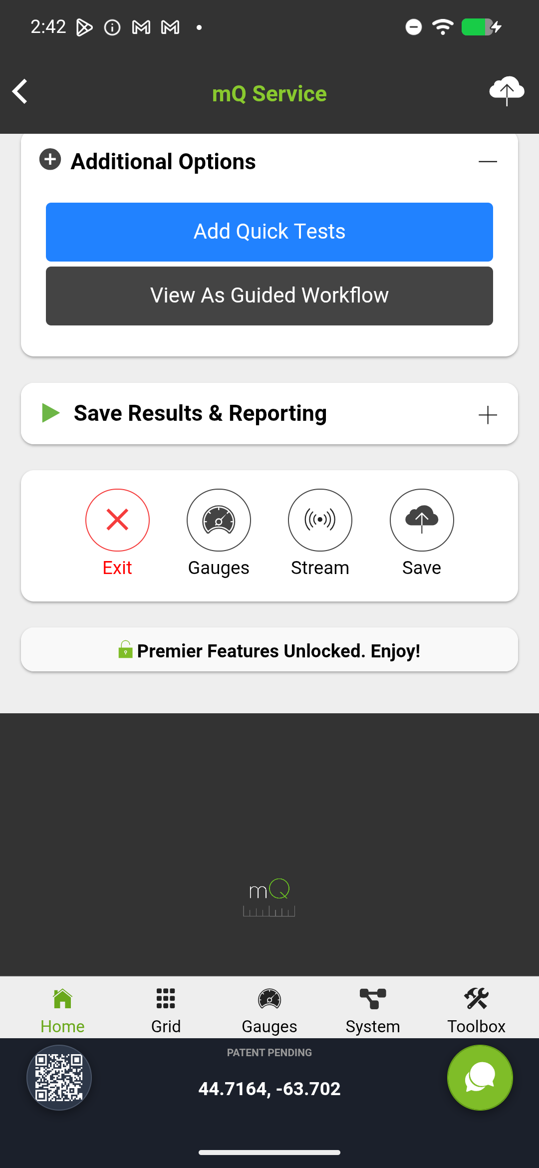 Save Results and Reporting section with Exit, Gauges, Stream, and Save buttons