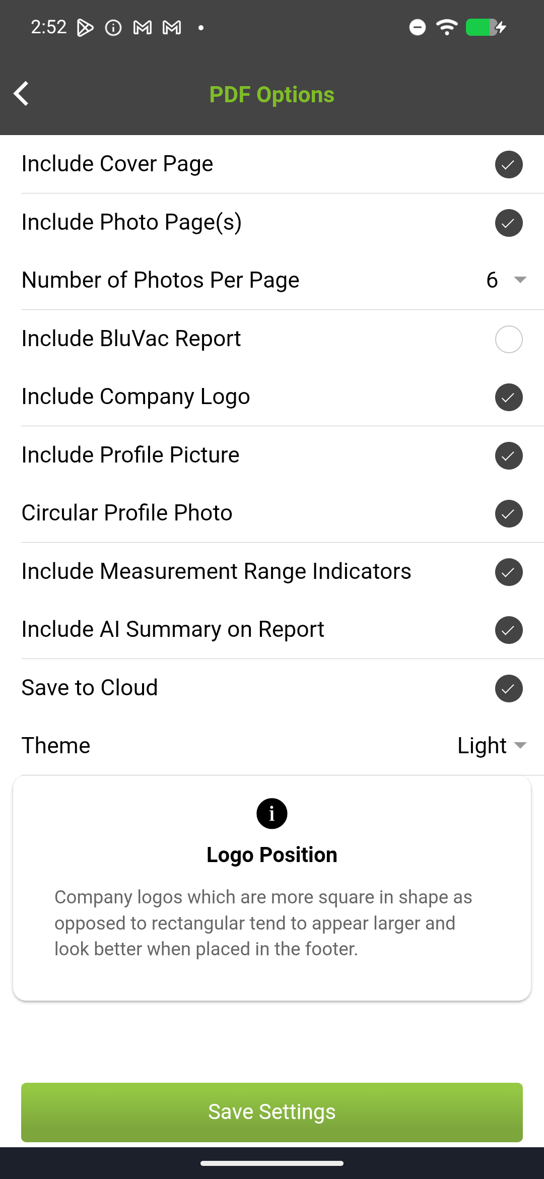 Report customization screen showing toggleable data sections